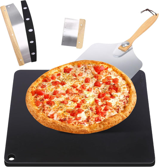 Hisencn Pizza Steel for Oven & Grill – 16"x13.4" Ceramic Baking Steel Pizza Stone Set with Pizza Peel, Cutter & Dough Scraper – High Conductivity for Crispy Crust, Indoor & Outdoor Use