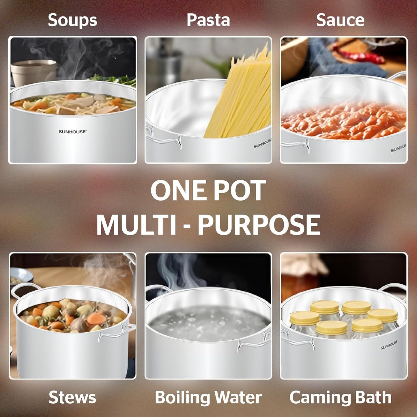 SUNHOUSE Stainless Steel Stock Pot – 12.6 Quart Heavy-Duty Induction Cooking Pot with Glass Lid for Pasta, Soup, Spaghetti – Thick-Bottom Large Stockpot for Boiling, Simmering, Canning