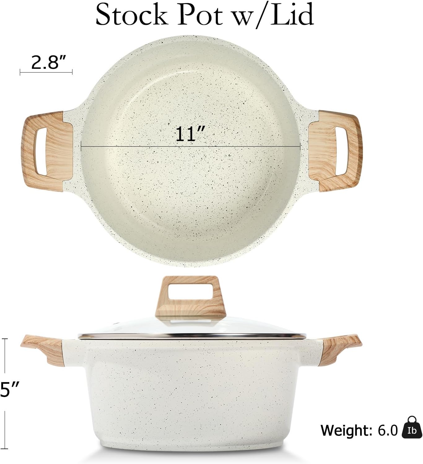 ESLITE LIFE Nonstick Stock Pot with Lid, 7 Quart Granite Casserole Large Soup Pot Pasta Cooking Pot, Induction Compatible, PTFE & PFOA Free, White