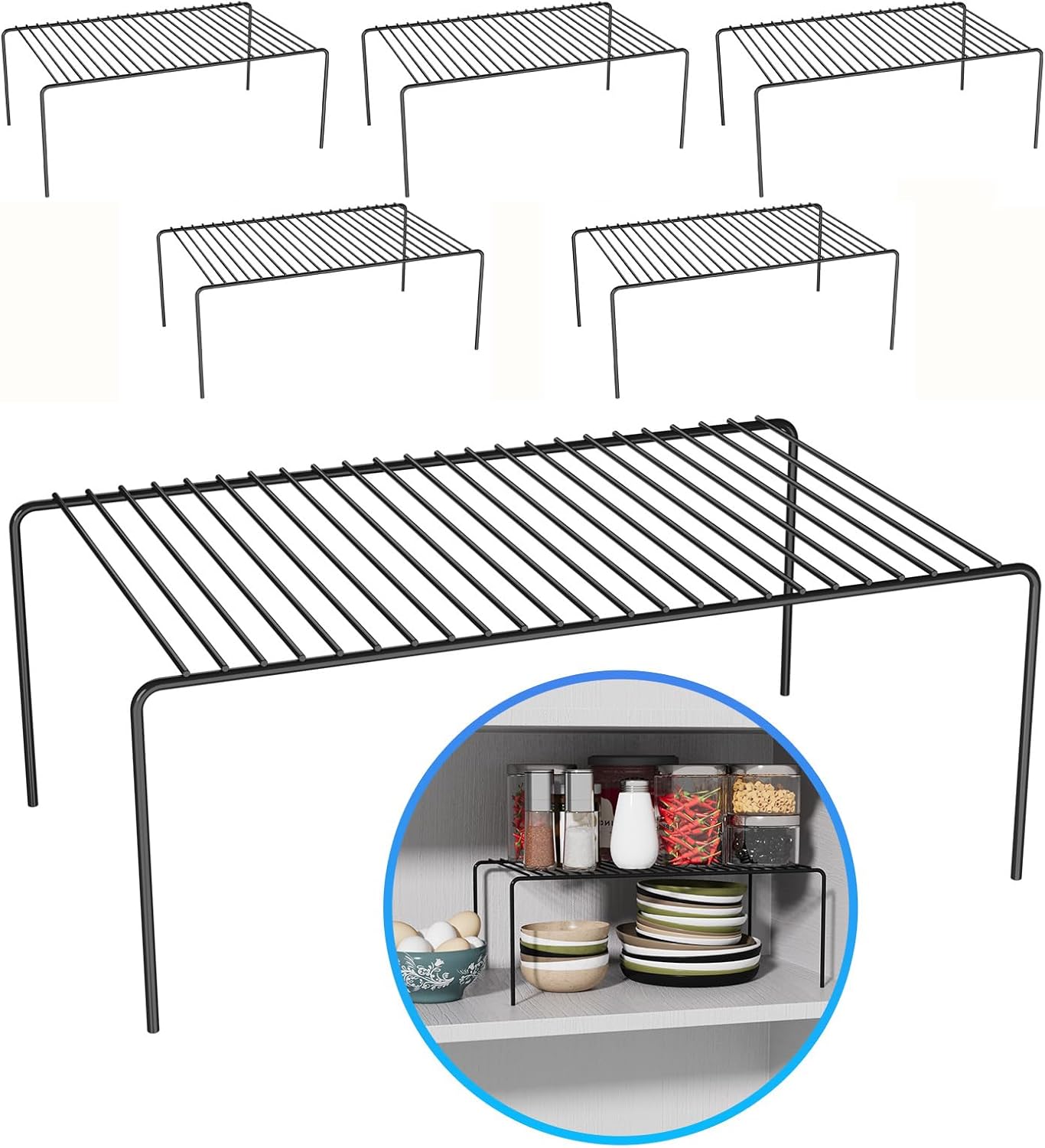 Large(15.7 x 9.4 inch)Black Cabinet Storage Shelf Rack Set of 6, Rustproof Metal Wire Kitchen Counter Organizers and Storage, Spice Organization for Cabinet, Plate, Dish, Pantry, Bathroom, Fridge