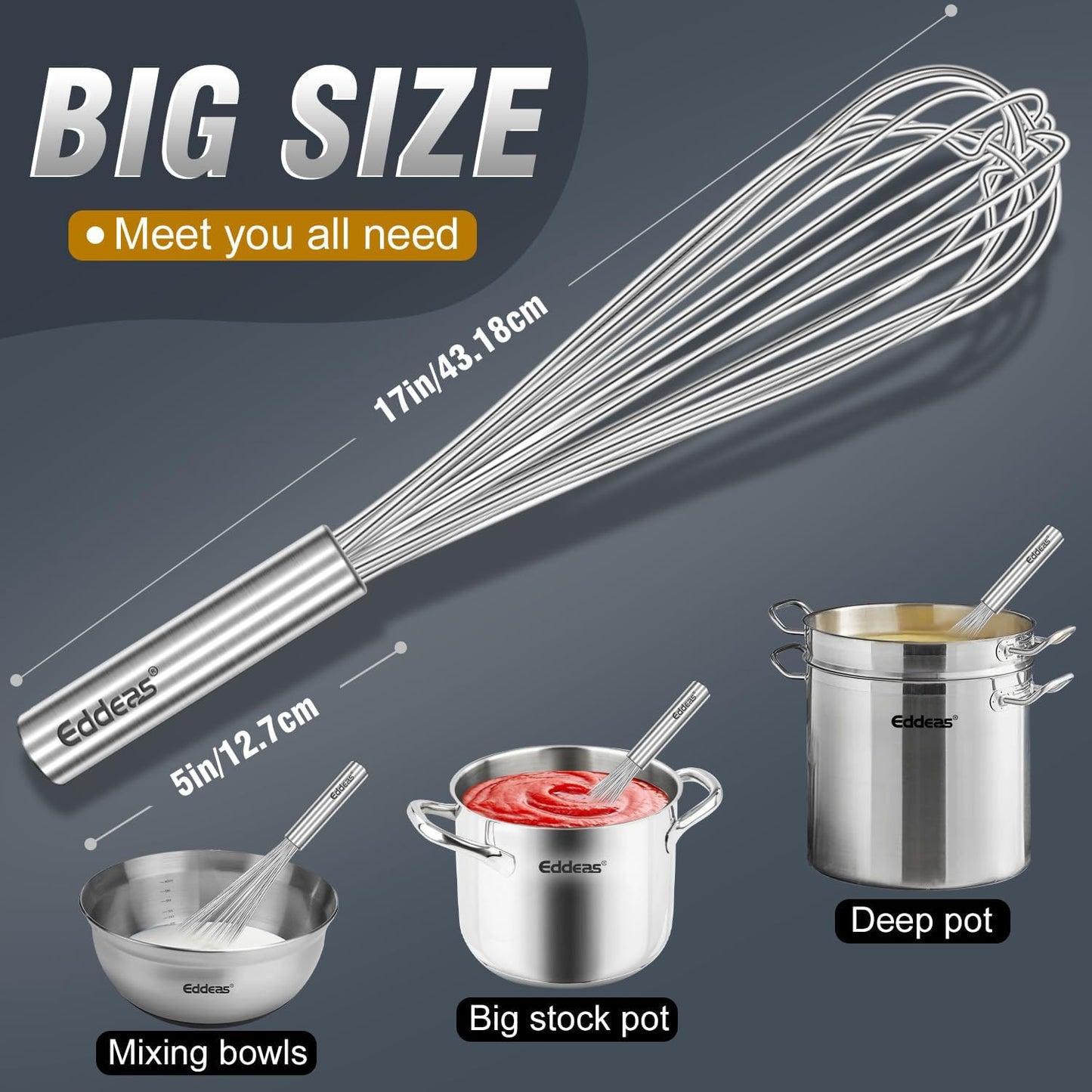 17in Large Whisk,Heavy Duty whisk, Stainless Steel whisk Suitable for Mixing Thick batter, Dry Ingredients and Seasonings.Accessories for professional commercial kitchens.