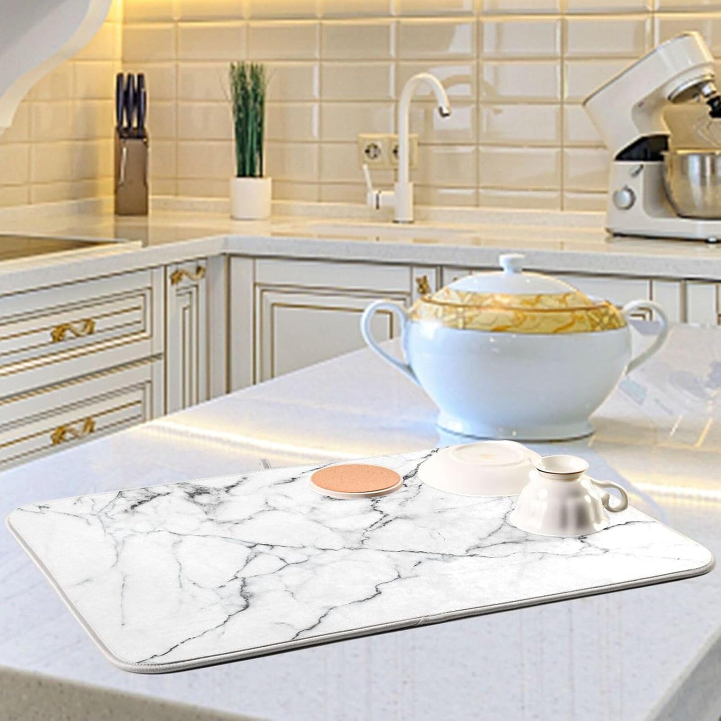 White Grey Marble Dish Drying Mat for Kitchen Counter Absorbent Microfiber Drying Pad, Large 18x24 in, Reversible Drainer Mats
