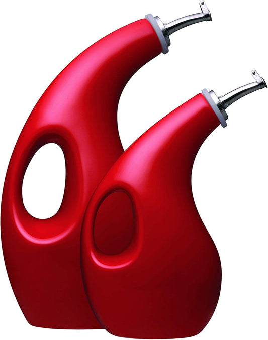 Rachael Ray Solid Glaze Ceramics EVOO Olive Oil Bottle Dispenser with Spout Set, 2 Piece, Red
