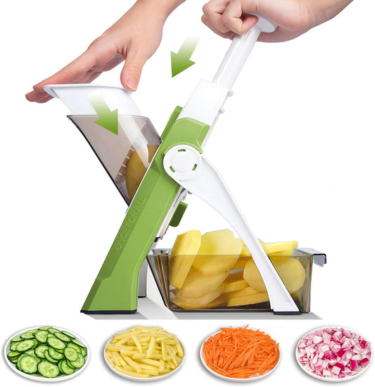 Safe Mandoline Slicer for Kitchen, Professional Vegetable Chopper With Container, Onion Chopper/Potato Slicer, More with 30+ Presets & Thickness Adjuster, Faster Food Chopper Gadgets - Green