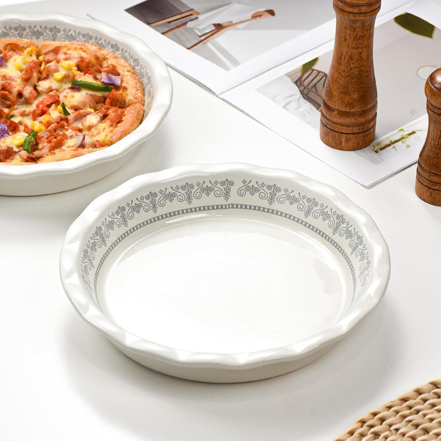 Ceramic Pie Pans for Baking, 9 Inch Porcelain Pie Pan Pie Dish, Round Pie Plate for Apple Pie, Quiche, Pot Pies, Tart（White）