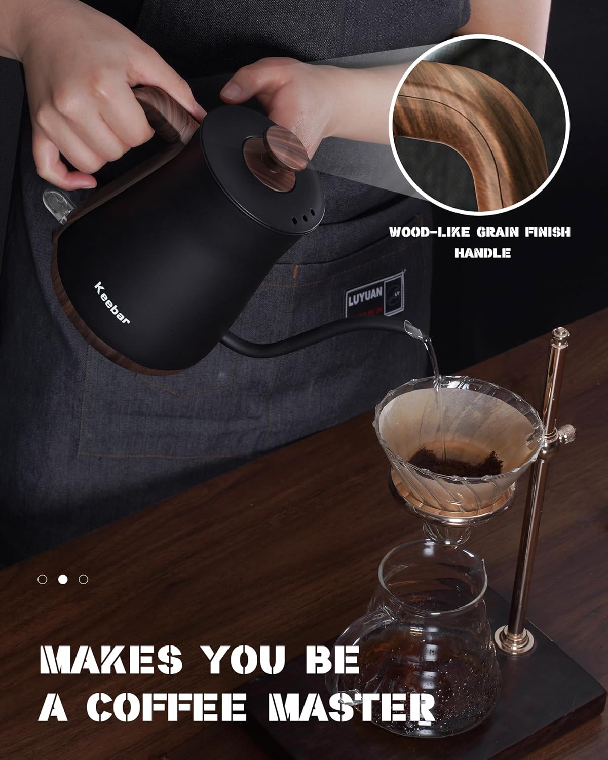 Gooseneck Electric Kettle - Stainless Steel Pour Over with Auto Shut Off, 0.8L Capacity, 1000W Quick Heating, Design with Elegant Handle, Matte Black with Walnut, Manual, (XH-W081-BW)