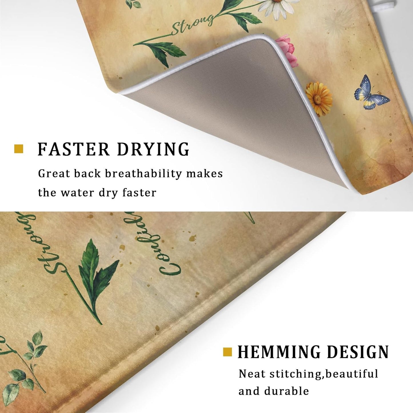 Inspirational Flower Dish Drying Mat - Rustic Vintage Floral Kitchen Absorbent Dish Dryer Mat for Women