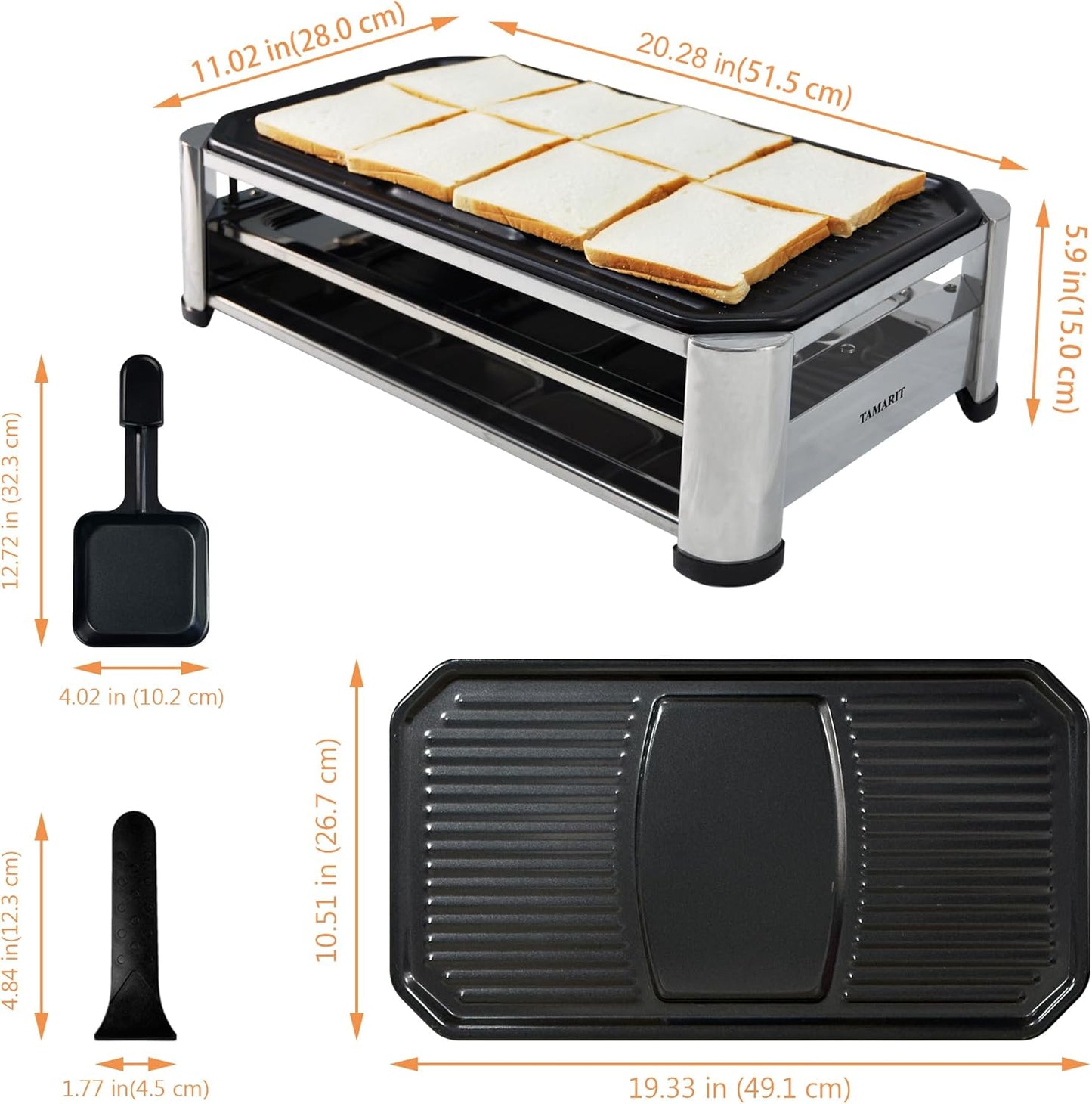 TAMARIT Raclette Cheese Table Grill Portable Electric Indoor Korean BBQ Grill 1400 W Raclette Party Grill with Iron Nonstick Extra Large Grill Plate Raclette Grill for Home Party, Stainless Steel