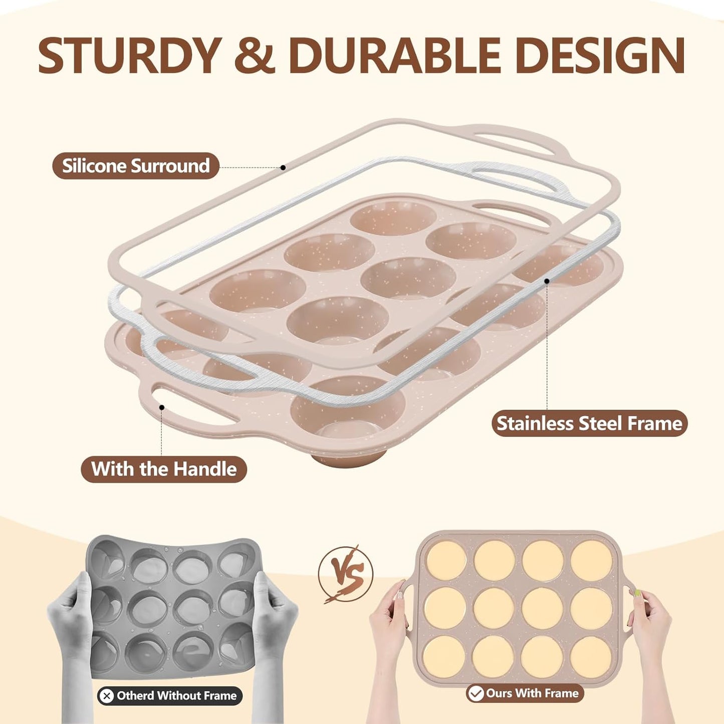 Vinino 6-Piece Baking Pans Set Nonstick, Bakeware Set includes Silicone Muffin, Loaf, Cake Pans with Metal Reinforced Frame. And includes Carbon Steel Roasting Pan, Cookie Sheet for Oven