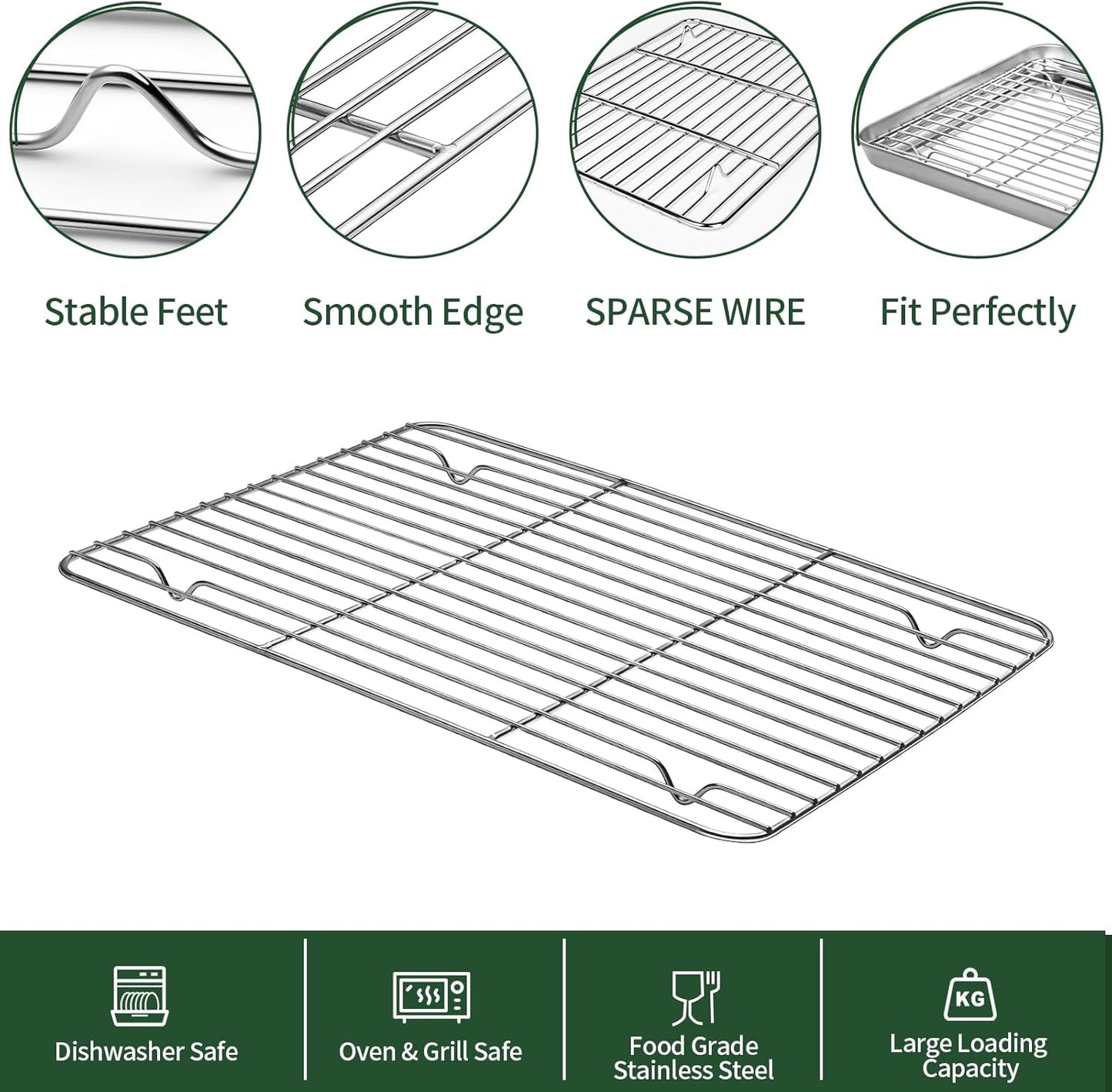 CEKEE Baking Sheet and Cooling Rack Set, 4PCS Stainless Steel Cookie Sheets for Baking with Baking Rack, Non Toxic & Heavy Duty & Easy Clean Baking Pan Tray for Toaster Oven, Size 18 x 12 x 1 Inch