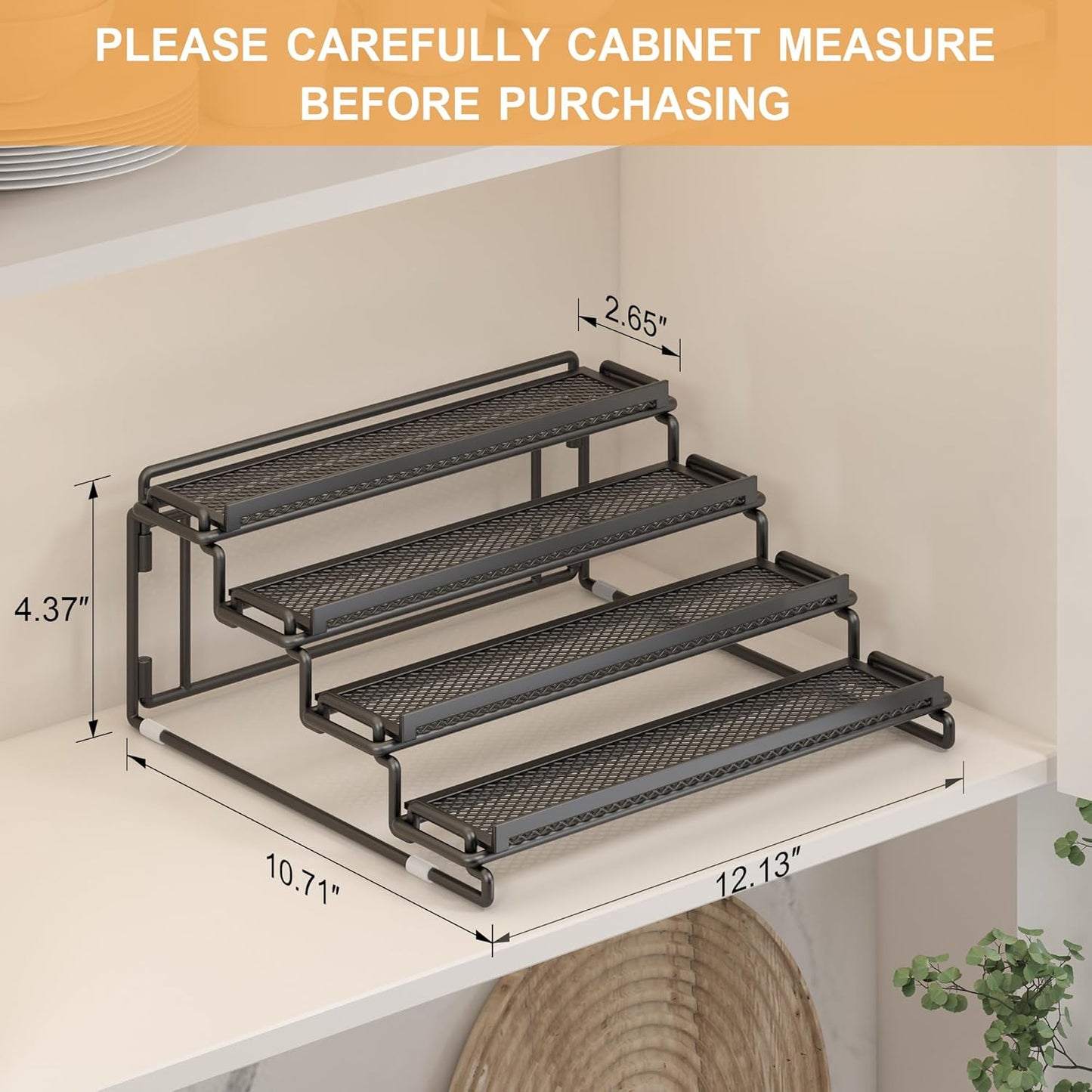 4 Tier Spice Rack Organizer for Inside Cabinet Display Riser Shelf Seasoning Organizer for Countertop Cupboard Pantry Step Storage Holder with Protection Railing (2PC Black)