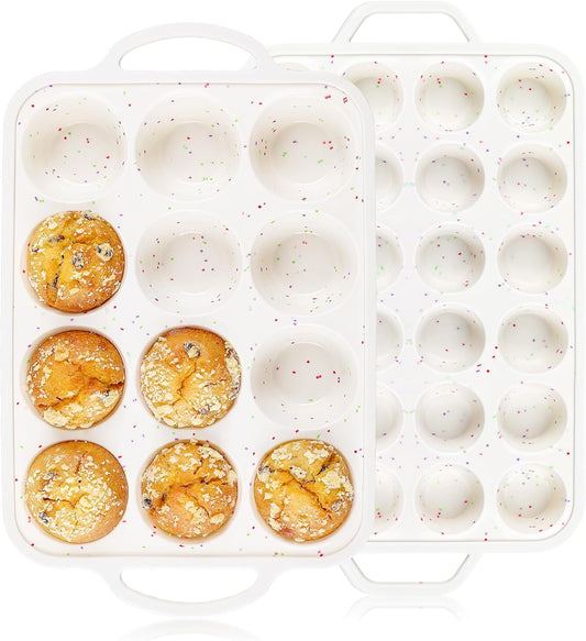 Vinino 2Pack Silicone Muffin Pan for Baking with Metal Reinforced Frame, Regular 12 Cup and Mini 24 Cup Nonstick Cupcake Pan Set, BPA Free Silicone Muffin Tray Molds for Oven Dishwasher Safe