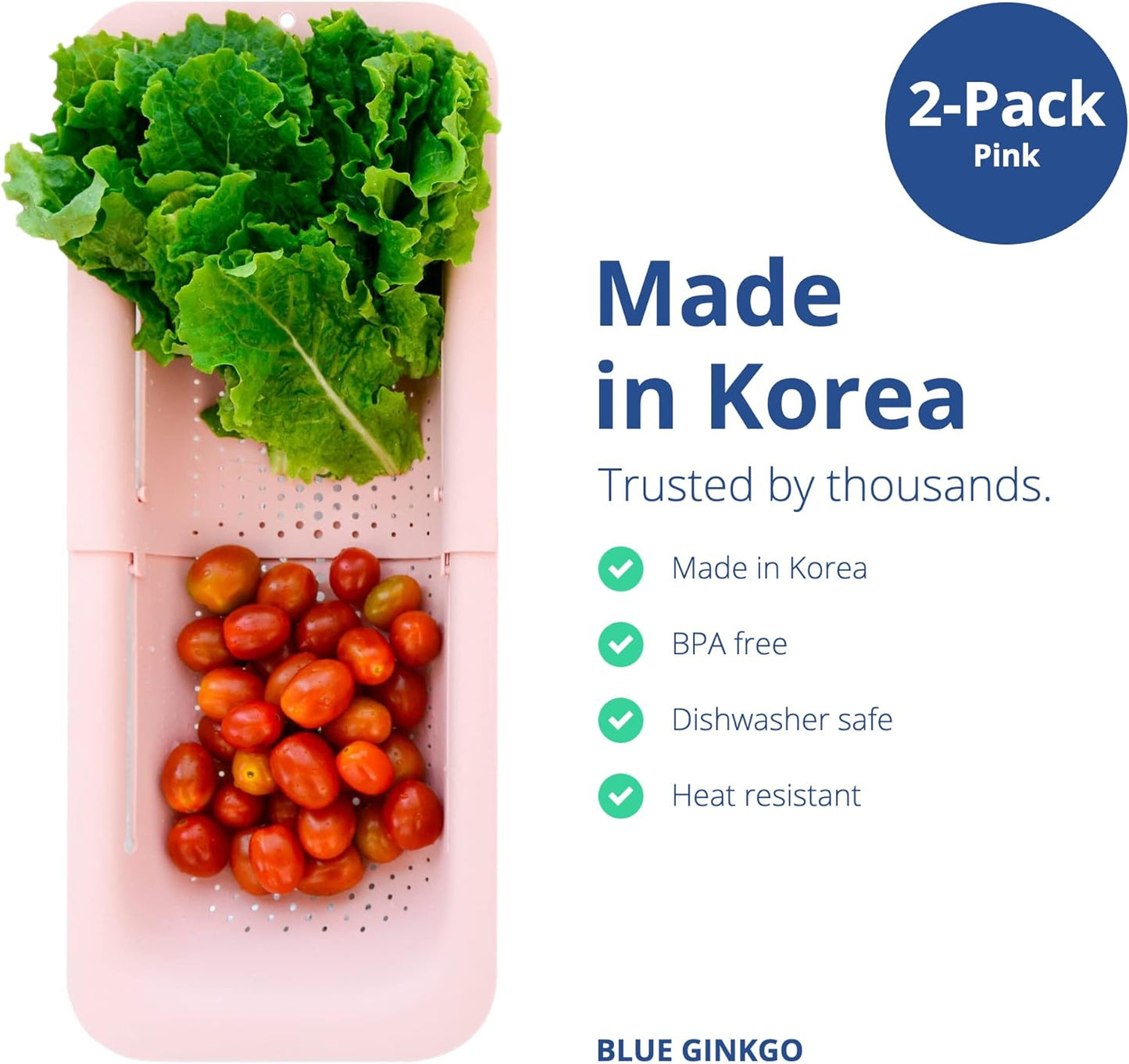 BLUE GINKGO Sink Colander Baskets - (Pack of 2) Wash Vegetables and Fruits, Drain Cooked Pasta and Dry Dishes - Extendable - New Home Kitchen Essentials (2 Pink)