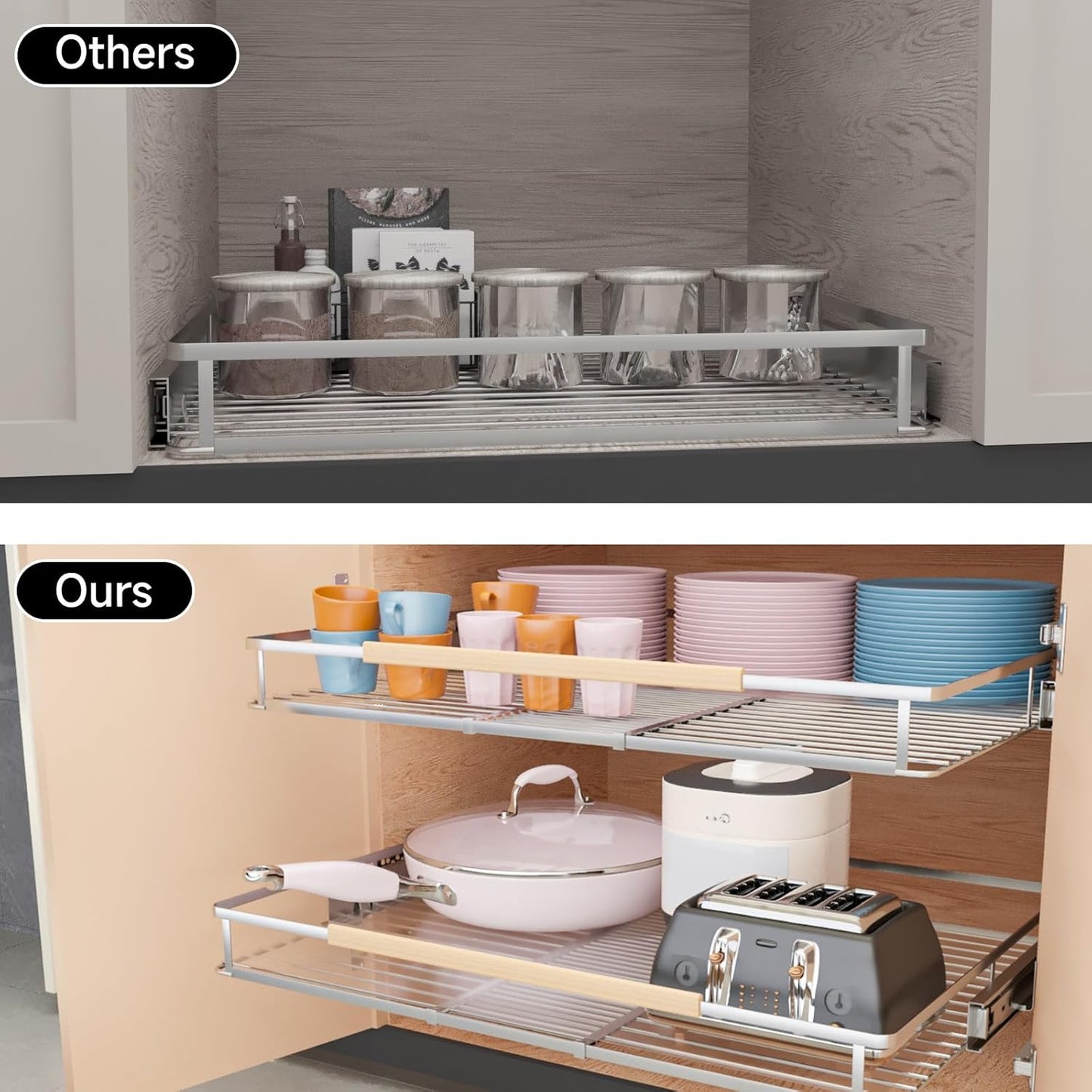 1Pack Expandable Pull Out Cabinet Organizer, Slide Out Drawers for Kitchen Cabinets, Heavy Duty Drawer Slides for Home Kitchen Pantry Cupboard Pots Pans, Adjustable Width 11.8"~18" W x 17.3''D