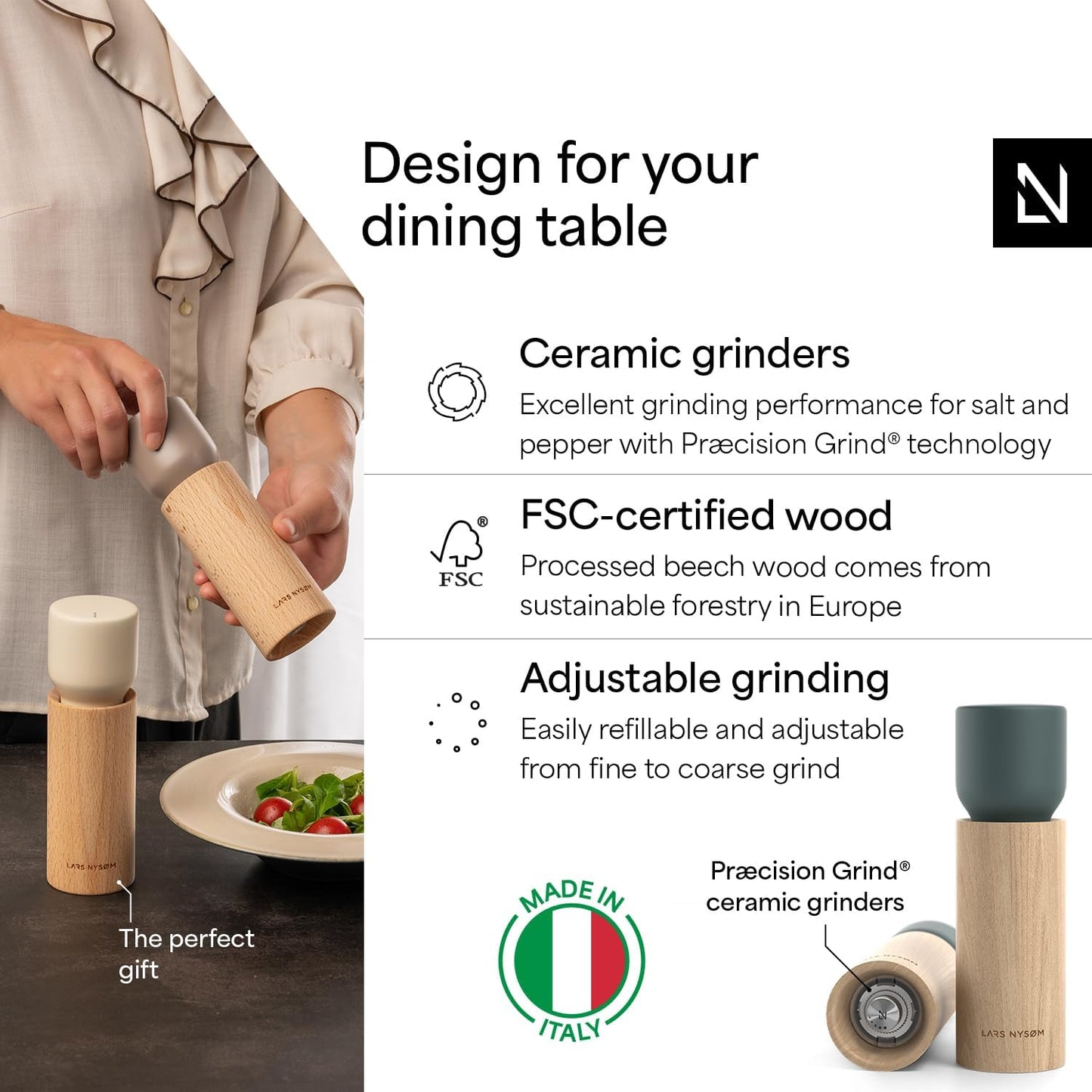 LARS NYSØM Wooden Salt and Pepper Grinder Set Manual with Tray - Salt and Pepper Mills with Adjustable Ceramic Grinder - Elegant Beechwood Pepper and Salt Mill Set for Dining Table (Stone Blue)