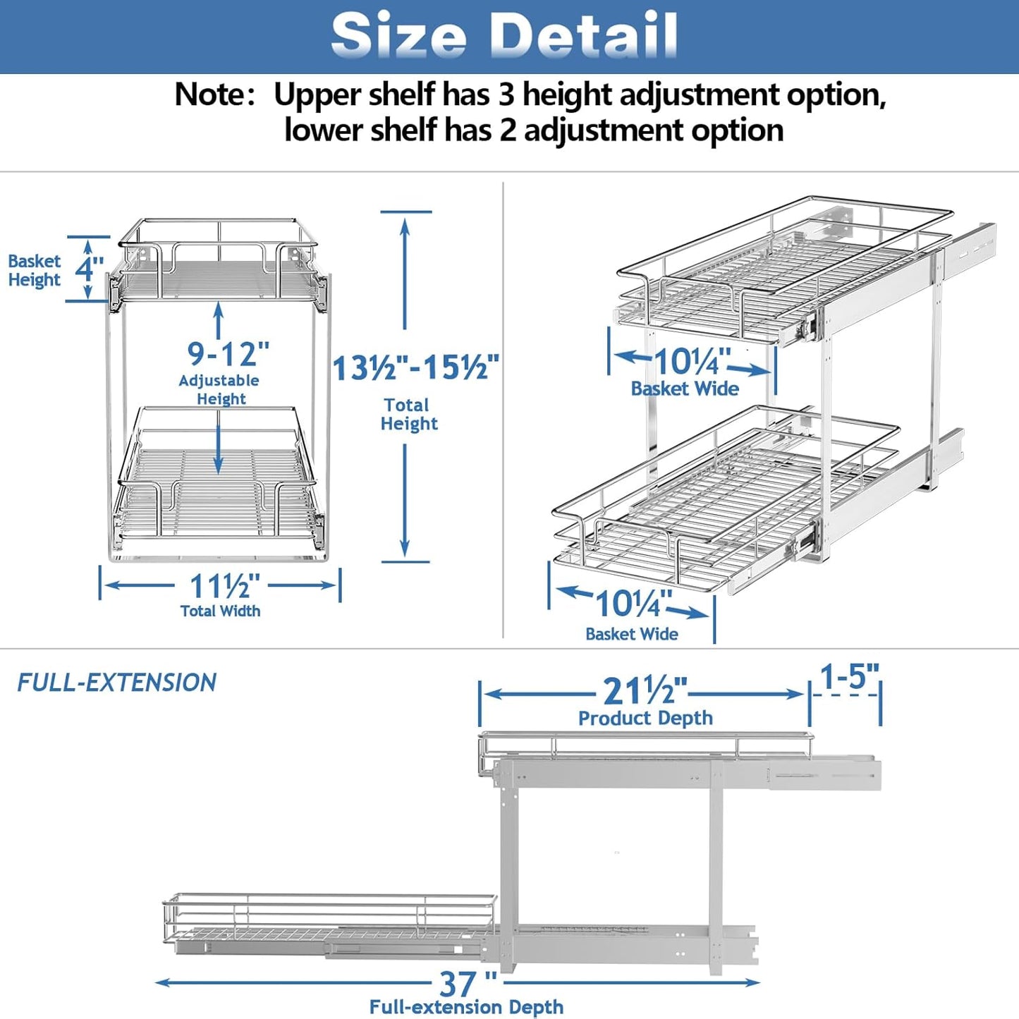 ROOMTEC Individual Pull Out Cabinet Organizer (11½" W x 21½" D), 2 Tier Spice Rack Organizer for Cabinet, Slide Out Drawer Pantry Shelf Organization and Storage for Kitchen Bathroom
