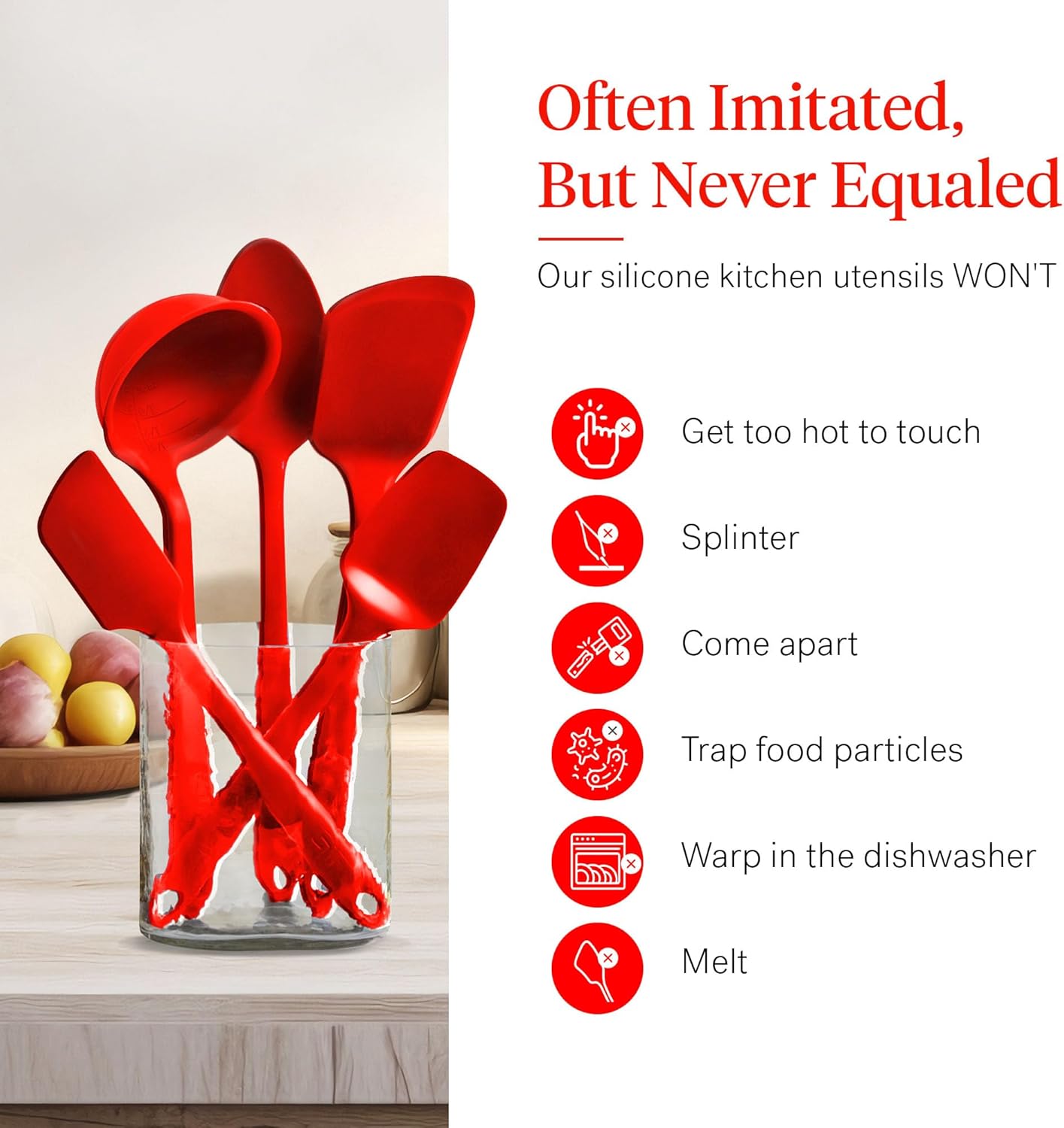 GIR: Get It Right 5-Piece Silicone Essentials Kitchen Utensils Set - Ladle, Spatula, Flip, Spoon & Spoonula - Non-Toxic Cooking Utensils for Nonstick Cookware, Cooking and Baking - Fire Red