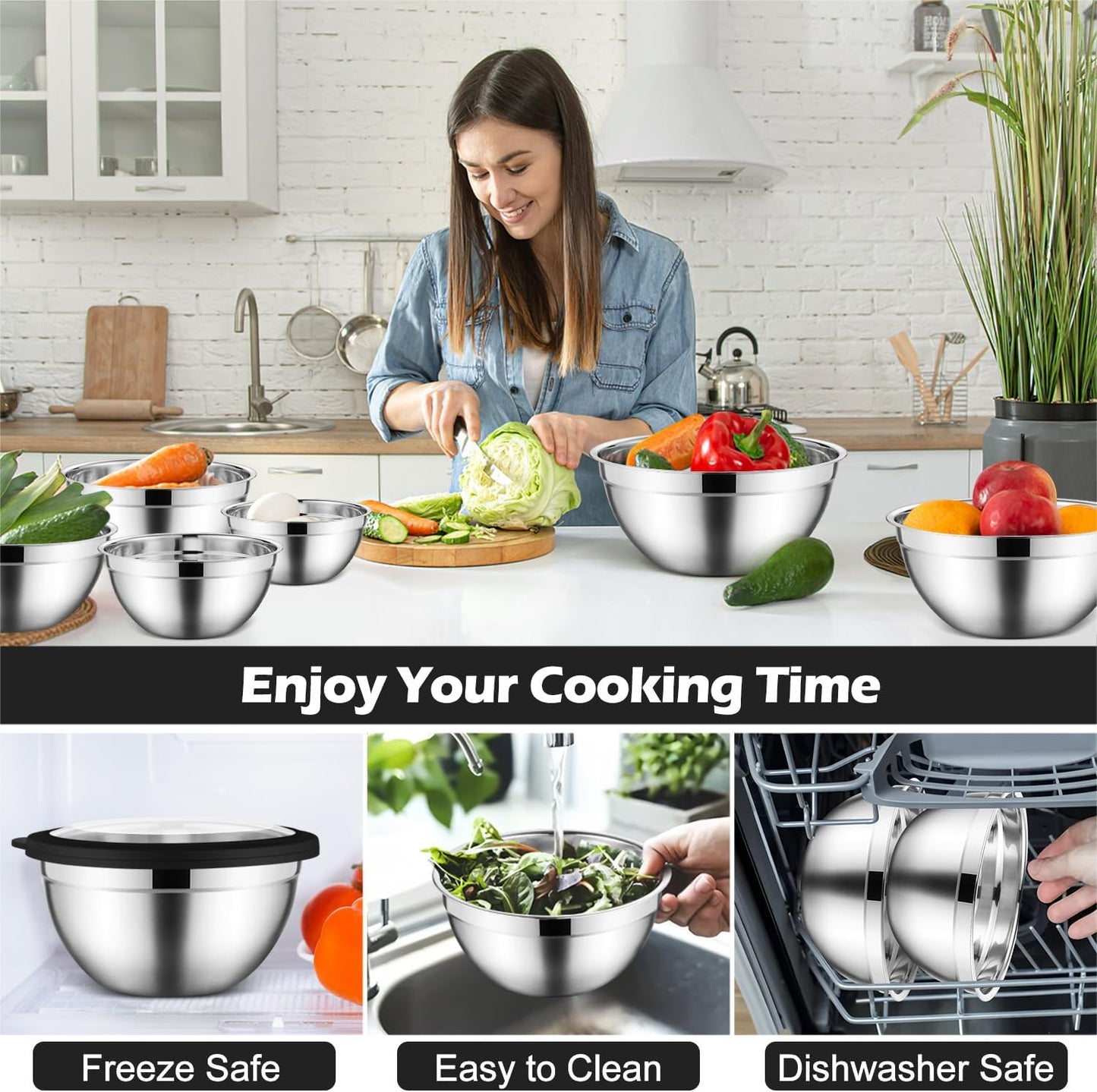 E-far Mixing Bowls Set of 7, Stainless Steel Mixing Bowls with Airtight Clear Lids, Metal Nesting Bowls for Kitchen Prep, Baking, Serving, Dishwasher Safe, Size 4.6, 3.5, 3, 2, 1.5, 1, 0.7QT, Black