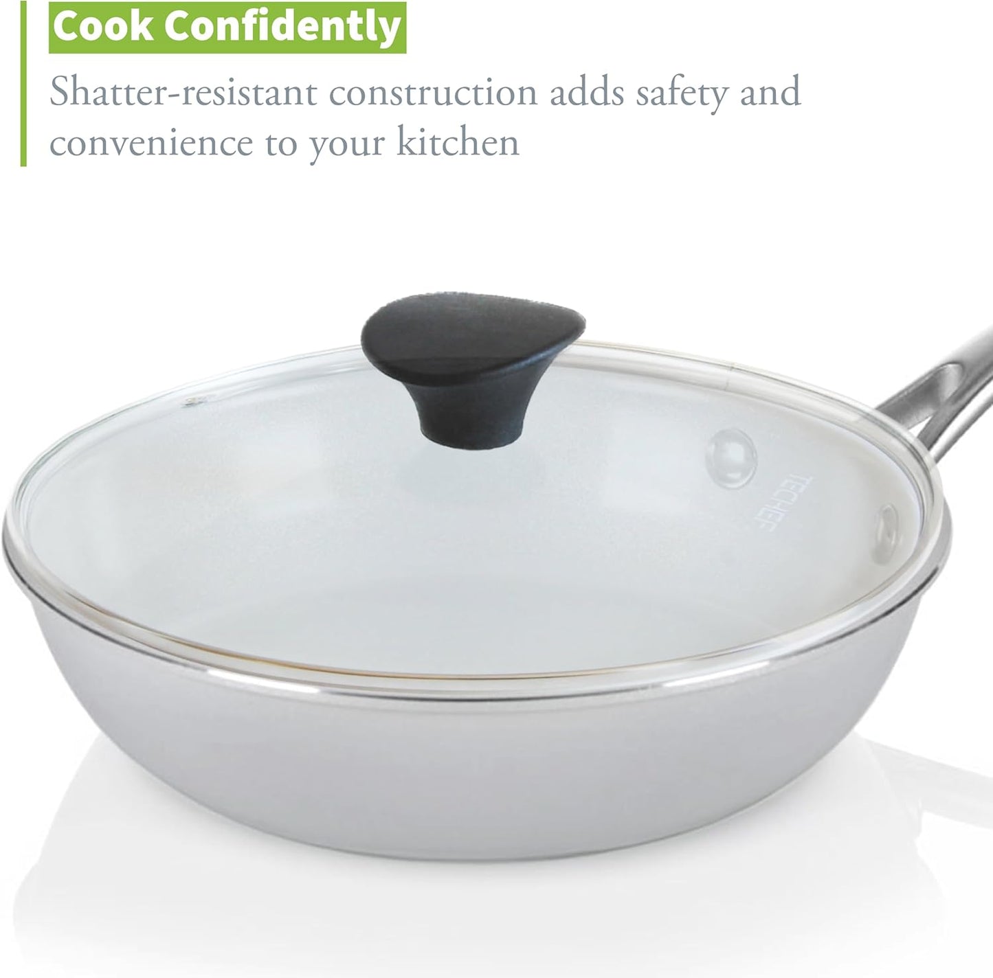 TECHEF 10.2 Inch Tempered Glass Lid – Fits 10” (26 cm) TECHEF Pots, Pans & Skillets – Steam Vent, Stainless Steel Rim – Oven Safe to 400°F – Made in Korea