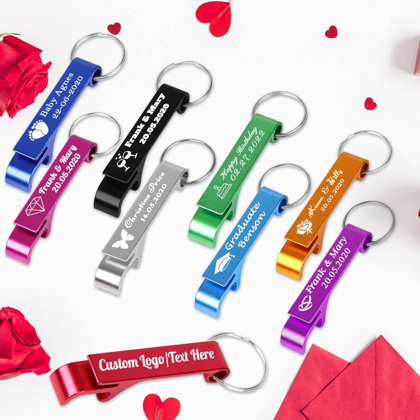 YanNanKe 20PCS Personalized Aluminum Bottle Opener Keychains with Logo Text Engraved Wedding Bottle Opener Favors Customized Gifts for Guests Baby Shower Birthday Party