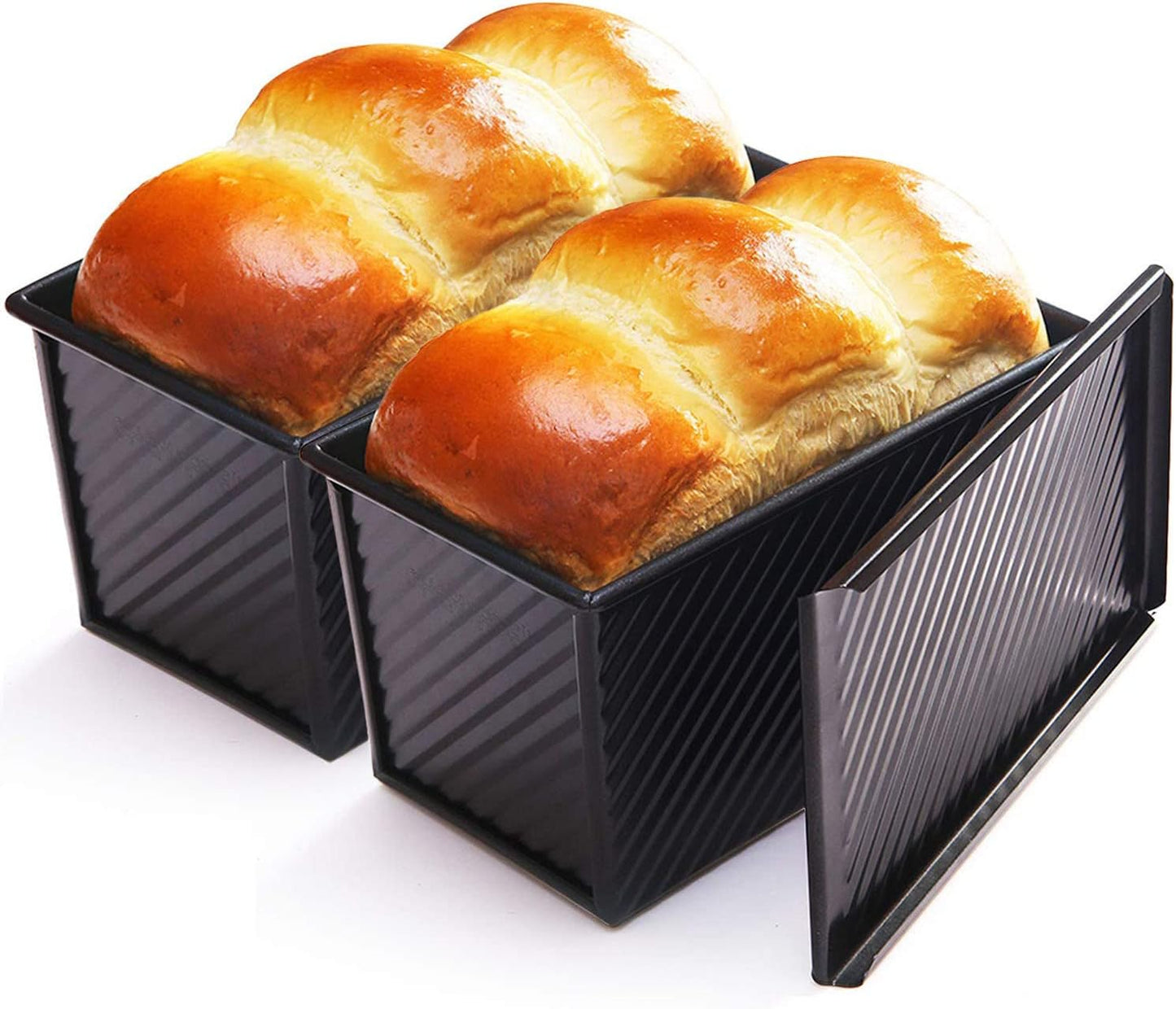 CHEFMADE Pullman Loaf Pan with Lid 2 Pcs, 1Lb Dough Capacity Non-Stick Rectangle Corrugated Bread Pan, Carbon Steel Toast Pan with Cover for Baking Bread - Black
