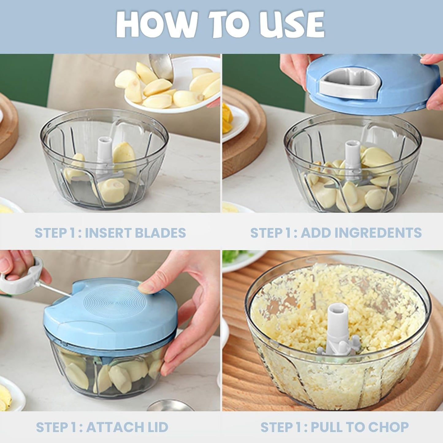 Manual Food Chopper: Hand Pull String Vegetable Chopper for Onion, Garlic, Pepper, Nuts, Tomato, etc.,500ml.