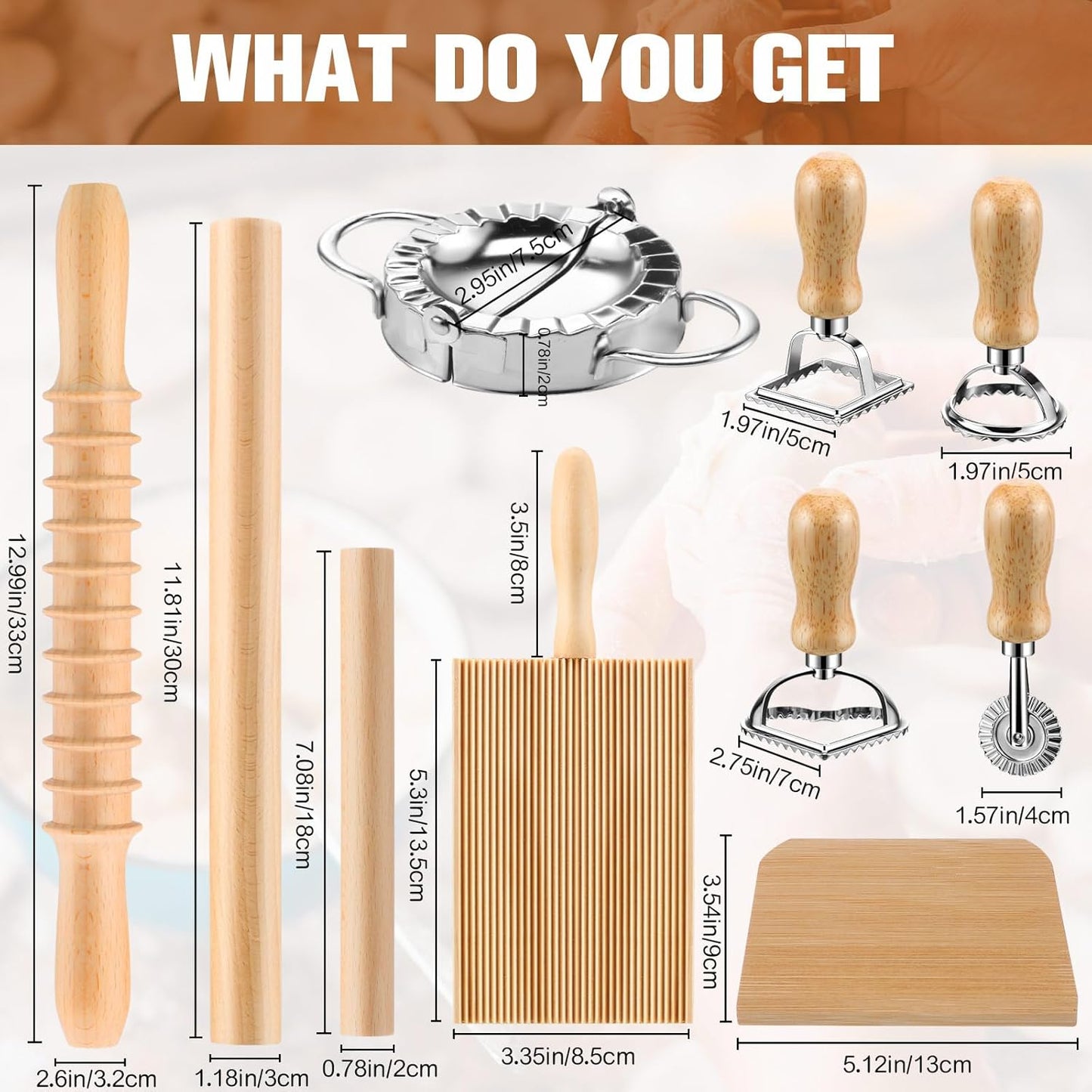 12 Piece Ravioli Mold Set with Press, Scraper, Cutter, Pierogi Maker, Rolling Pin, Gnocchi Board, Wooden Roller, and 4 Ravioli Stamp Maker Cutters for Making Pasta, Dumplings, and Pierogi