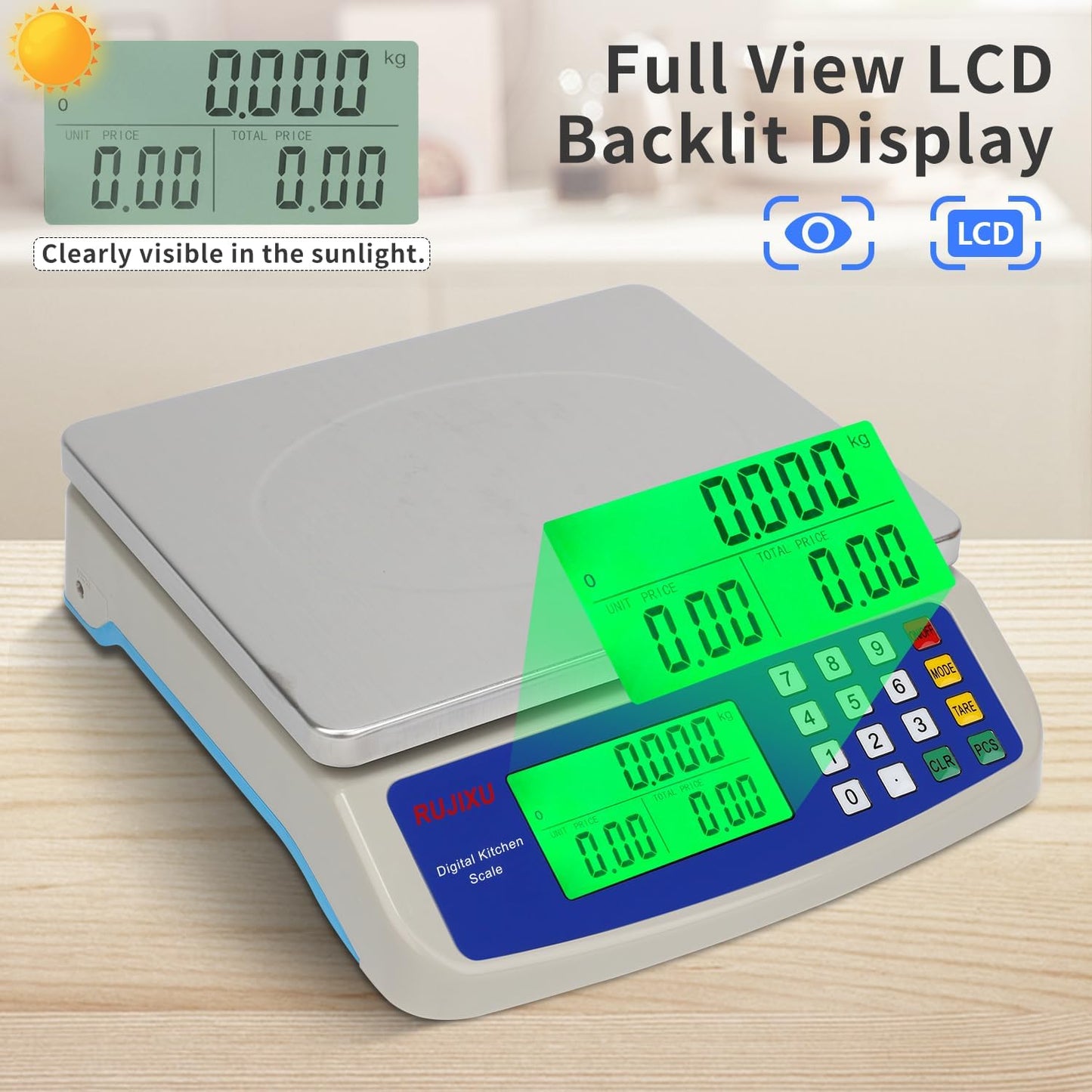 Large Digital Kitchen Scale 30KG Commercial Food Scale 66LB for Baking Bread Meat Stainless Steel Price Computing Scale LCD Display,Prep Counting Scale for Parts and Coins Adapter Included