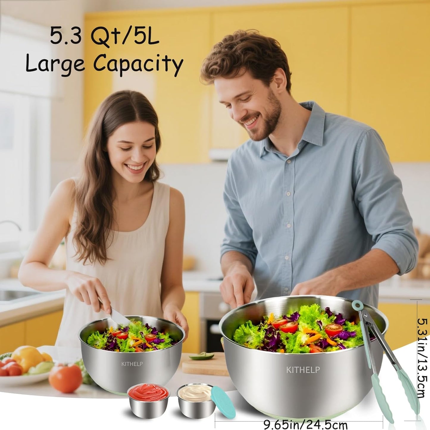 Stainless Steel Salad Spinner Large, Vegetables Fruits Wash Bowl with Strainer, Lettuce Spinner Dryer for Efficient Salad Preparation 5.3Qt