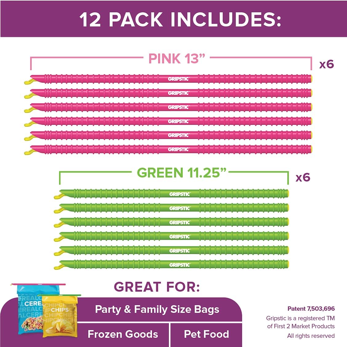 GripStic Bag Sealer - Reusable Chip Clips, Bag Clips. Patented. Airtight & Waterproof Seal on Food Storage Bags, Kids Snacks & More. Near Zero Waste. 12ct XLarge