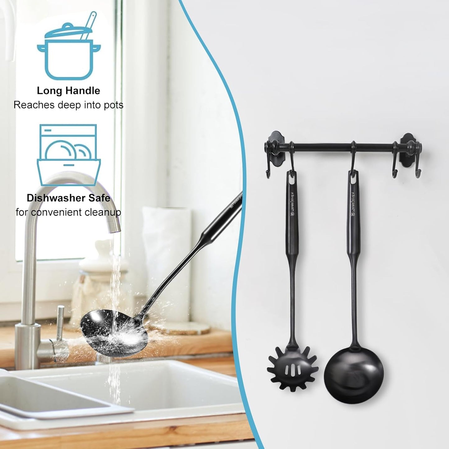 Soup Ladle - 18/10 Stainless Steel Ladle Spoon, 13.8" Soup Spoons [ Integral Forming, Heat Resistance] Resilient Kitchen Metal Ladel for Cooking, Serving, Stirring, Canning，Sauce, Wok & Soup，Black