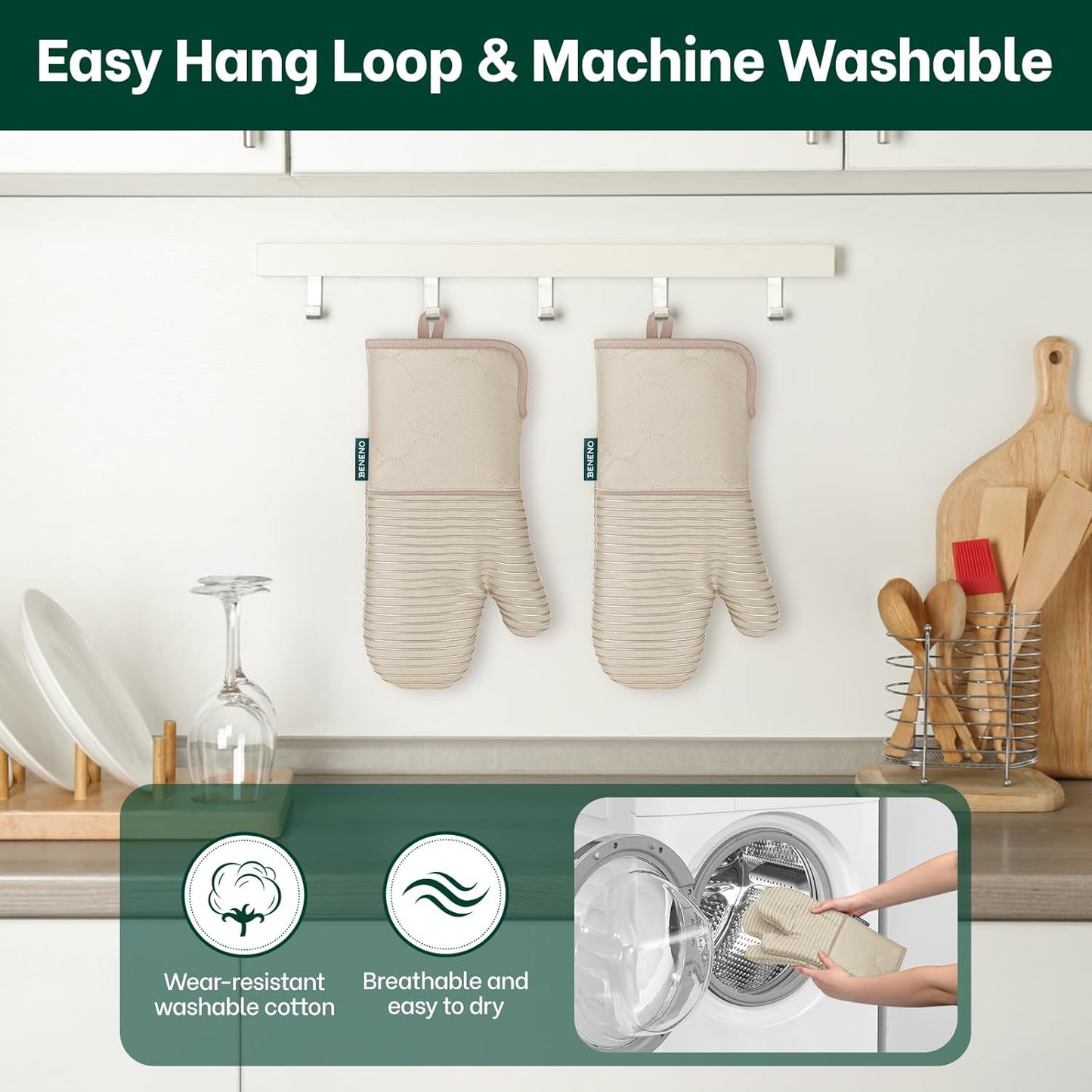 Beneno Kitchen Oven Mitts 2-Pack Heat Resistant to 500°F with Non-Slip Silicone Grip, Extra Long 14.3" Forearm Protection, Soft Quilted Cotton Terry Lining, Ideal for Cooking, Baking, Grilling, Beige