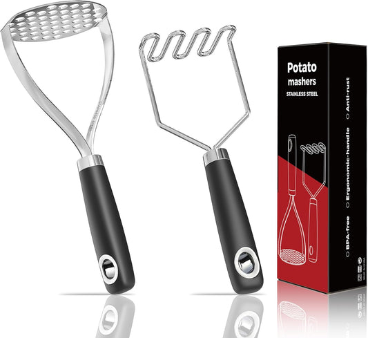 18/0 Stainless Steel Potato Mashers, 10.3-inch, Non-slip Handle, Kitchen Tool for Avocado Vegetable Sauce Butter Pumpkin Puree Bean, Dishwasher Safe, Pack of 2