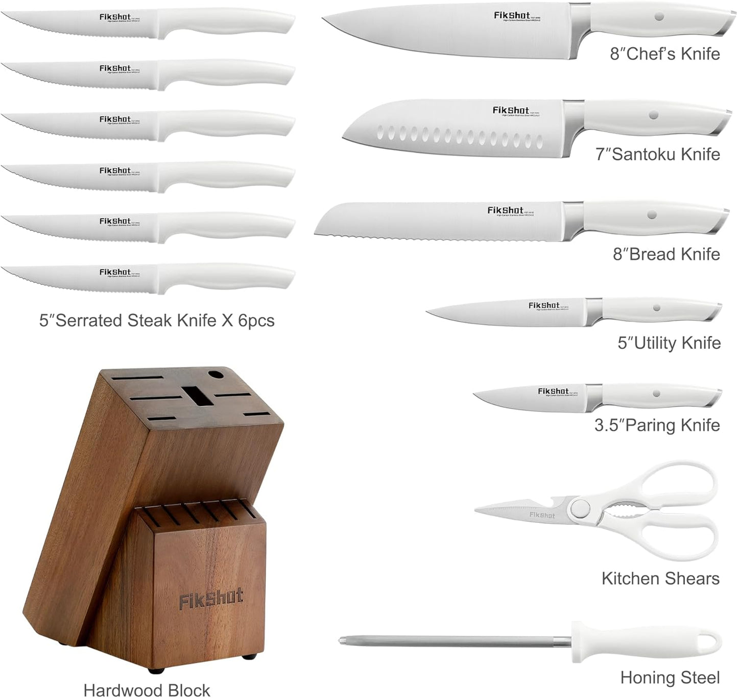 Knives Set for Kitchen, FIKSHOT 14PCS Kitchen Knife Set with Block, High Carbon Stainless Steel Full Tang Knife Sets Razor-Sharp Blade Professional Chef's Knife for Housewarming (WHITE)