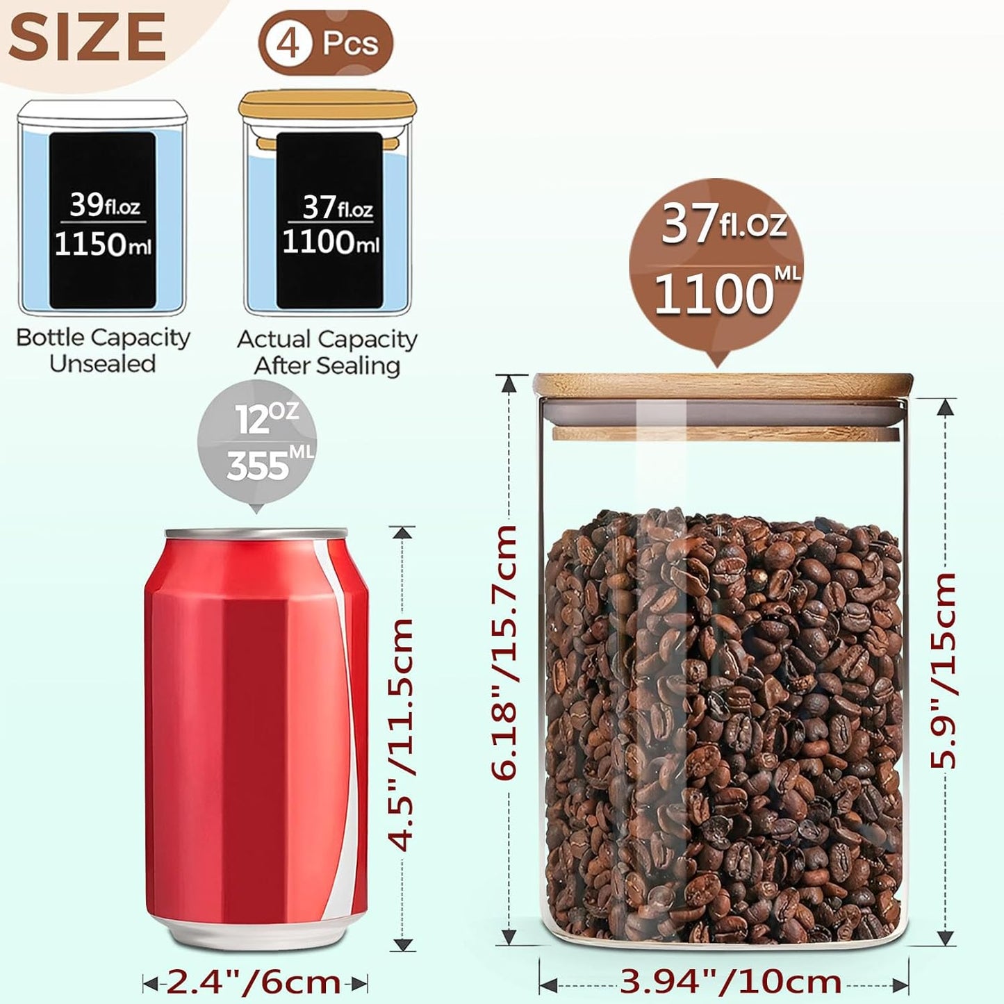 37oz Square Glass Storage Containers with Lids, glass jar with airtight lid, Glass Canister for Pantry Cookie Flour Cereal Rice Sugar Tea Coffee Beans Spice, Square Set of 4