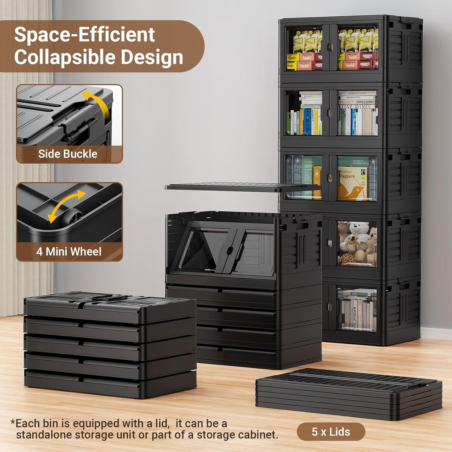 345Qt Stackable Storage Bins with Individual Lids & Wheels, Large Plastic Collapsible Latching Boxes Closet Organizers and Storage Cabinet Shelves Units for Home Kitchen Dorm, 3-Pack Black