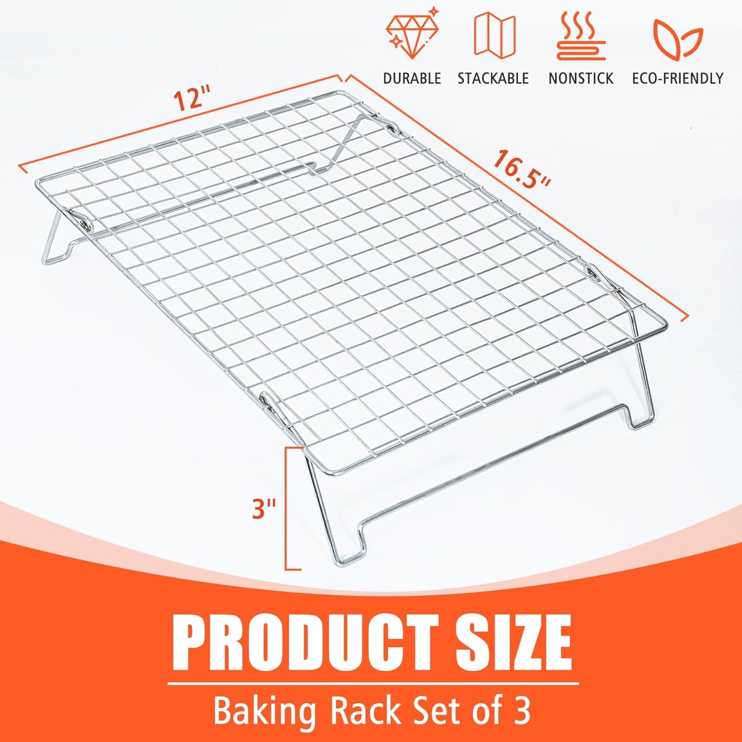 Cooling Rack, 304 Stainless Steel 3 Tier Cooling Rack for Cooling, Roasting and Grilling, Heavy Duty and Collapsible, Oven and Dishwasher Safe, 12" x 16.5", 2 Pack