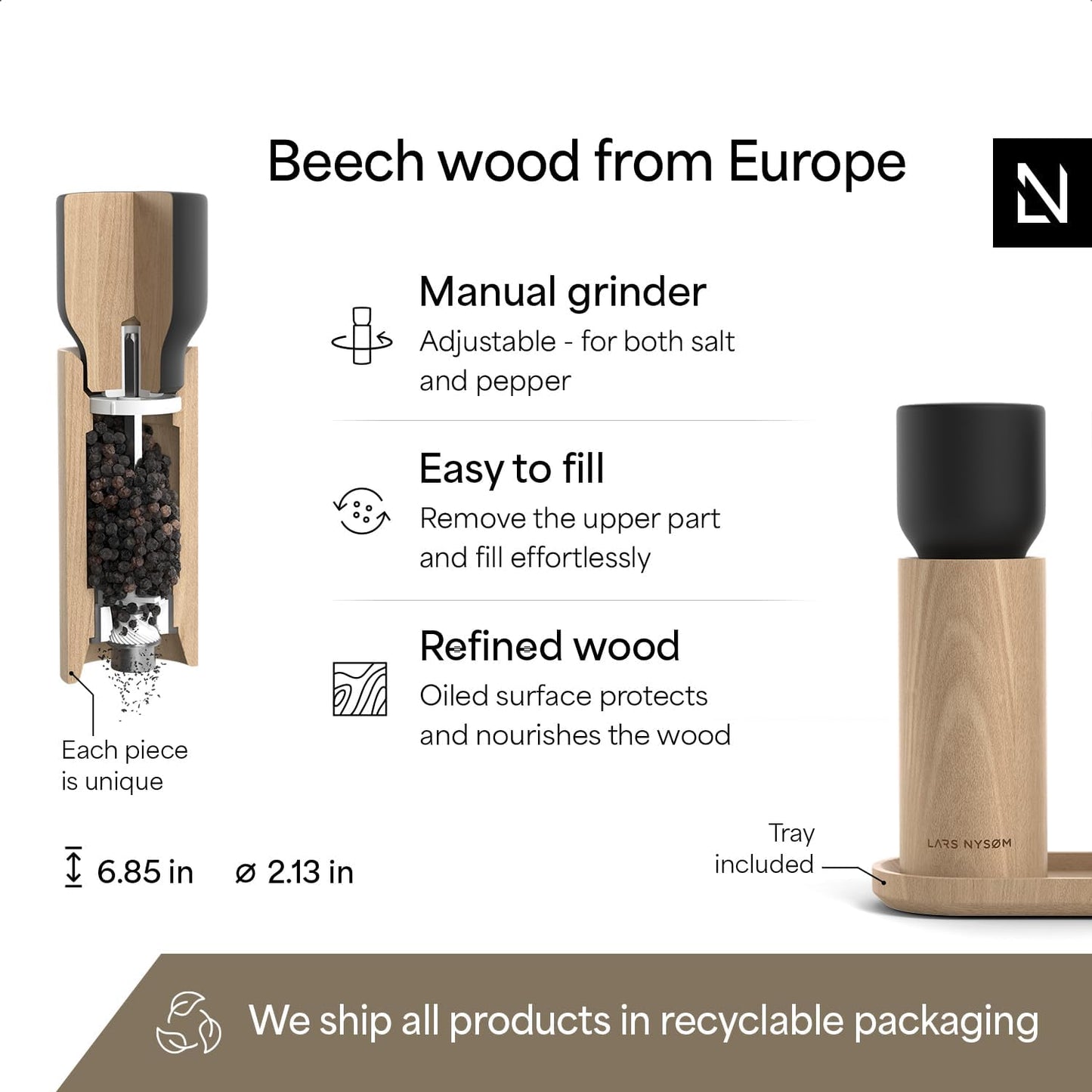 LARS NYSØM Wooden Salt and Pepper Grinder Set Manual with Tray - Salt and Pepper Mills with Adjustable Ceramic Grinder - Elegant Beechwood Pepper and Salt Mill Set for Dining Table (Carbon Black)