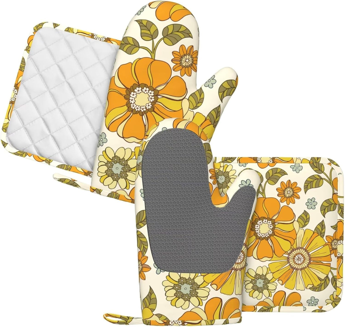 Retro 70s Style Flower Oven Mitts and Pot Holders Sets Silicone Kitchen Mitts Potholders Heat Resistant 4Pcs Oven Gloves Hot Pads for Kitchen Baking Cooking BBQ Grilling