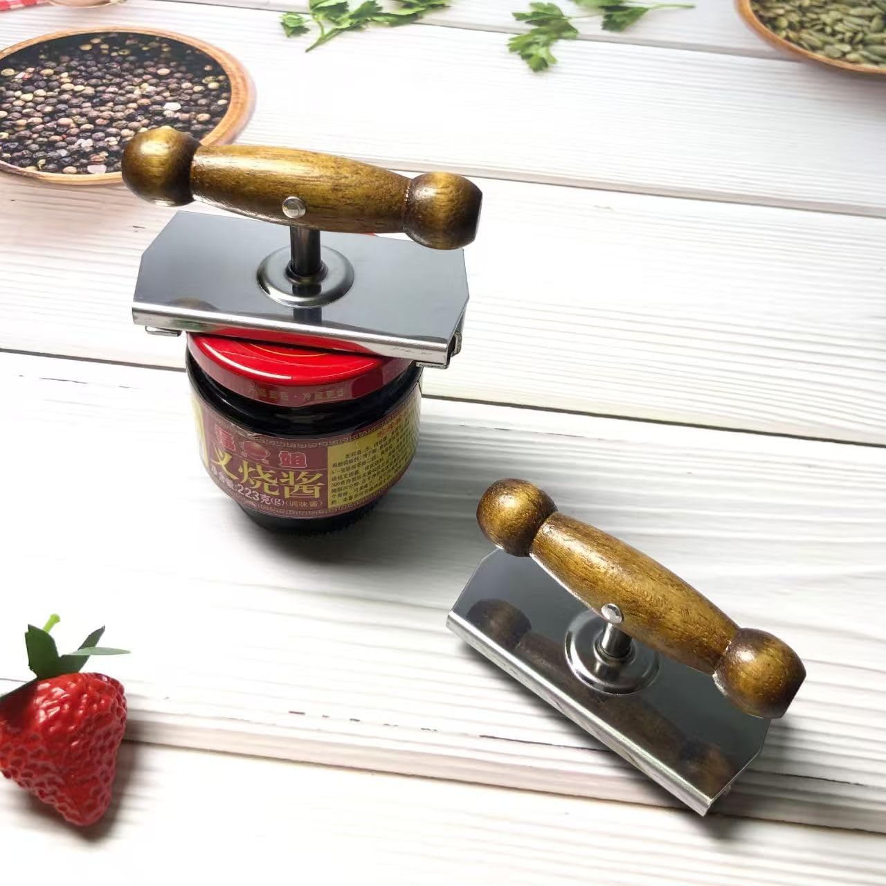 kitchen solution 2.0 wooden good grip handle stainless steel jar opener for weak hands and arthritis