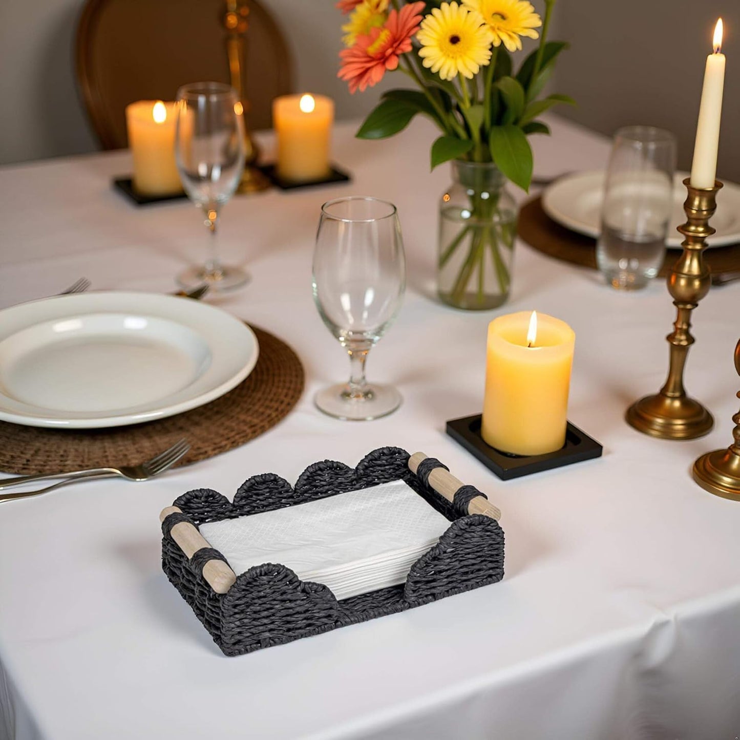 CubesLand Scalloped Napkin Holder for Bathroom Decor, Paper Rope Flat Napkin Dispenser Guest Towel Tray for Bathroom, Farmhouse Warm Napkin Holder for Table Dining Room Home Kitchen Decor, Black