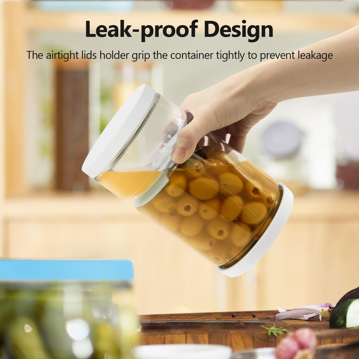 Glass Pickle Jar with Strainer for Pickle Lover - 45 Oz Leakproof and Airtight Juice Separator for Olive, Gherkin, Chilli, BPA Free, Dishwasher and Refrigerator Safe (White&Blue, 45oz*2pcs)