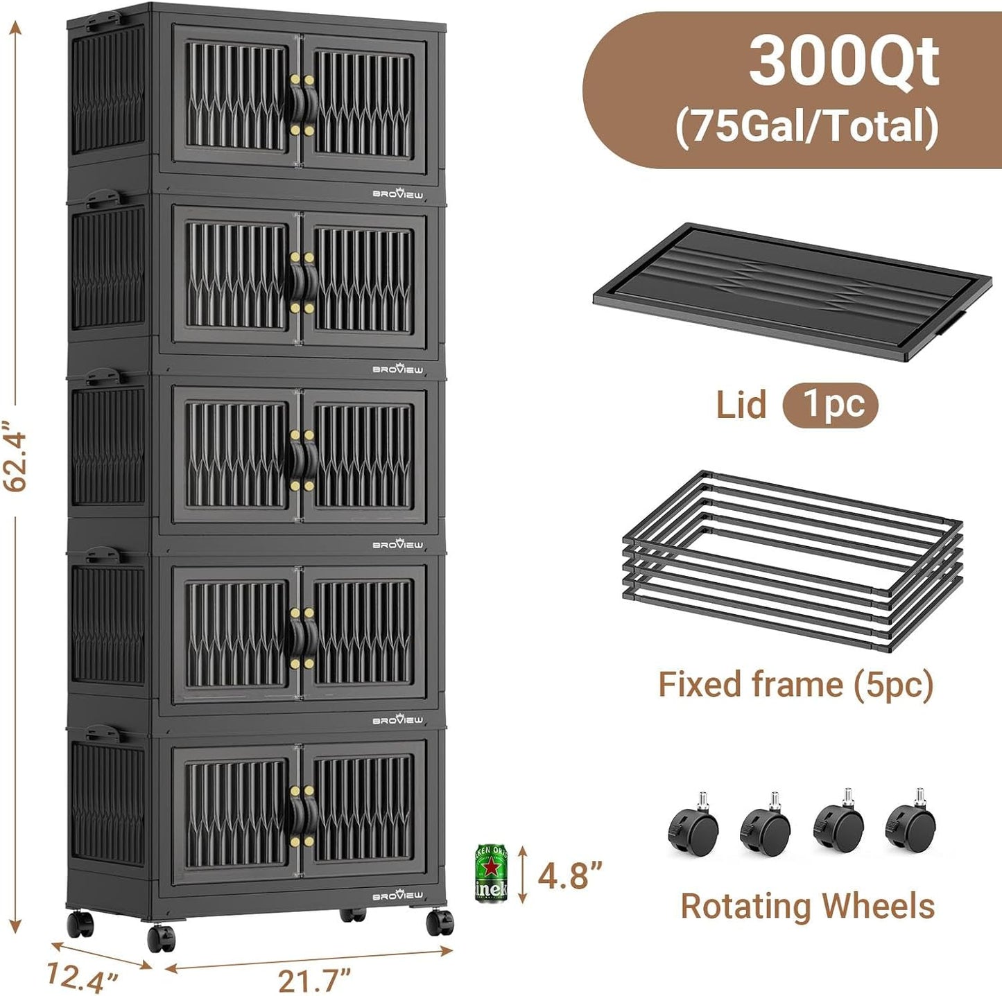 300Qt Stackable Storage Bins with Lid, Extra Large Closet Organizer Collapsible Drawer Boxes with Wheels, Folding Plastic Cabinet Containers for Home Kitchen Room Organization, 5Pack Black