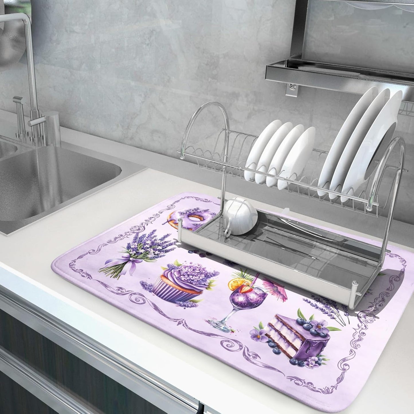 Purple Coffee Matt for Counter Sweet Dish Drying Mats for Dessert Lover Large Size Absorbent 18 X 24 In