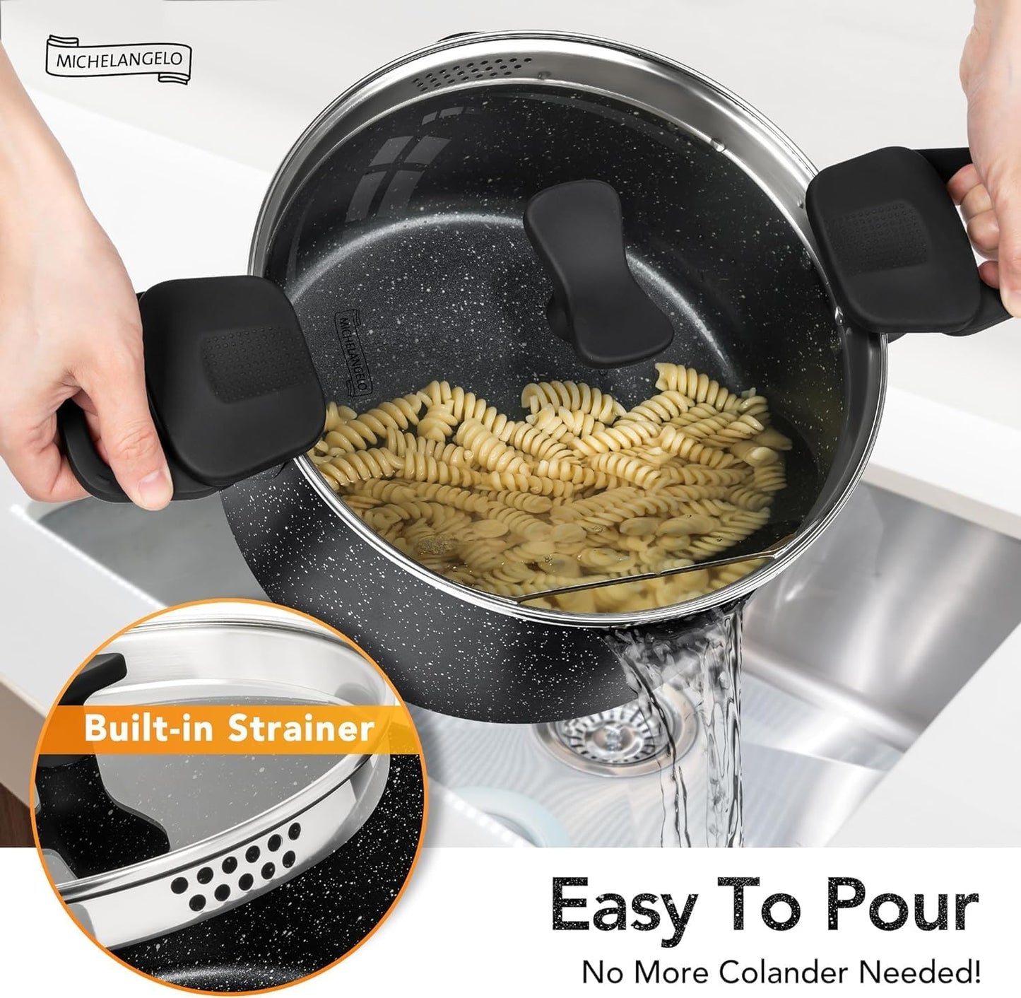 MICHELANGELO Pasta Pot with Strainer Lid, 6 Quart Cooking Pot with Twist and Lock Handles, Soup Pot with Nonstick Granite Coating, Spaghetti Pot Induction Compatible, Black