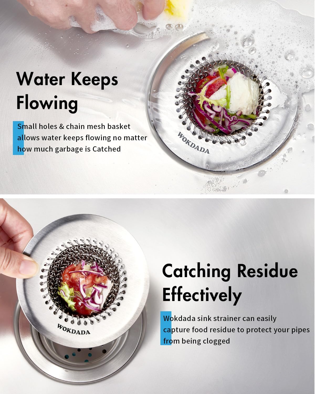 Kitchen Sink Drain Strainer, Flexible Sink Strainer with Stopper, 304 Stainless Steel Anti-Rust Mesh Sink Strainer, Wokdada Revolutionary Clog-Free Food Catcher for Garbage Disposal