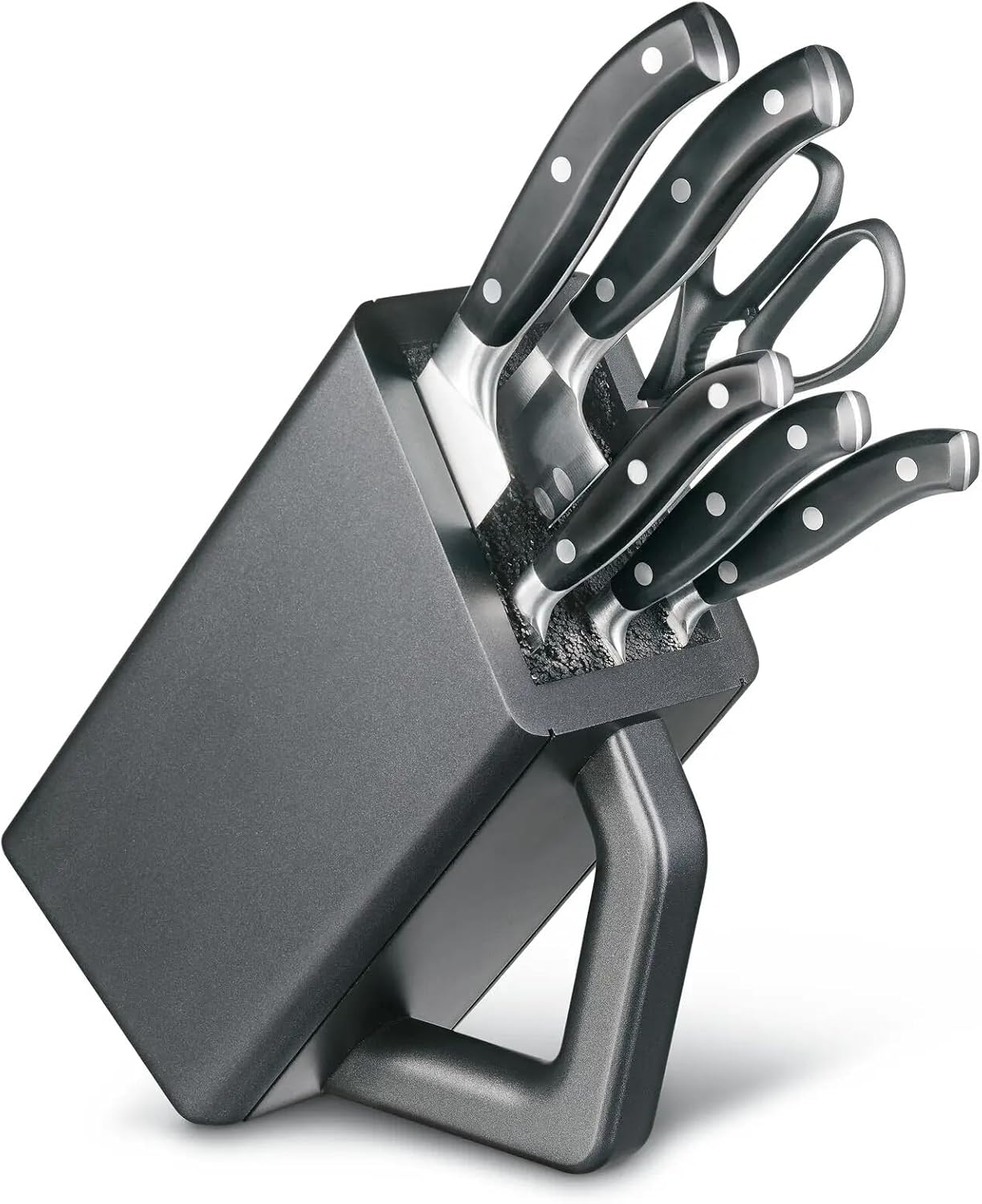 Victorinox Grand Maitre Cutlery Block - Modern Block with Knives - Includes Kitchen Scissors, Chef's Knife, Santoku & More - Black Handles, 6-Piece Set