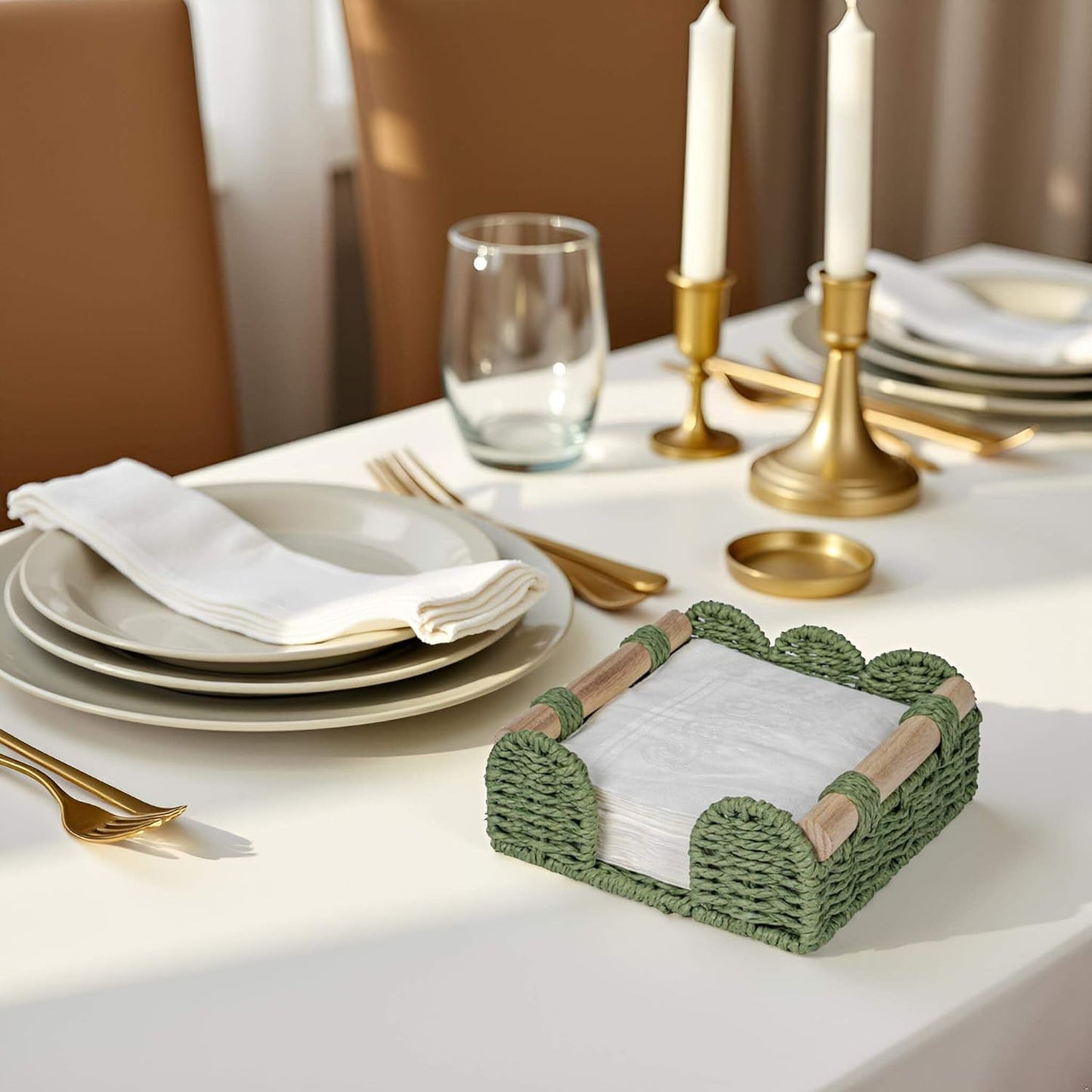 CubesLand Scalloped Napkin Holder for Table, Farmhouse Warming Home Kitchen Decor, Paper Rope Flat Napkin Dispenser Guest Towel Tray for Bathroom, Disposable Napkin Basket for Dining Table, Green
