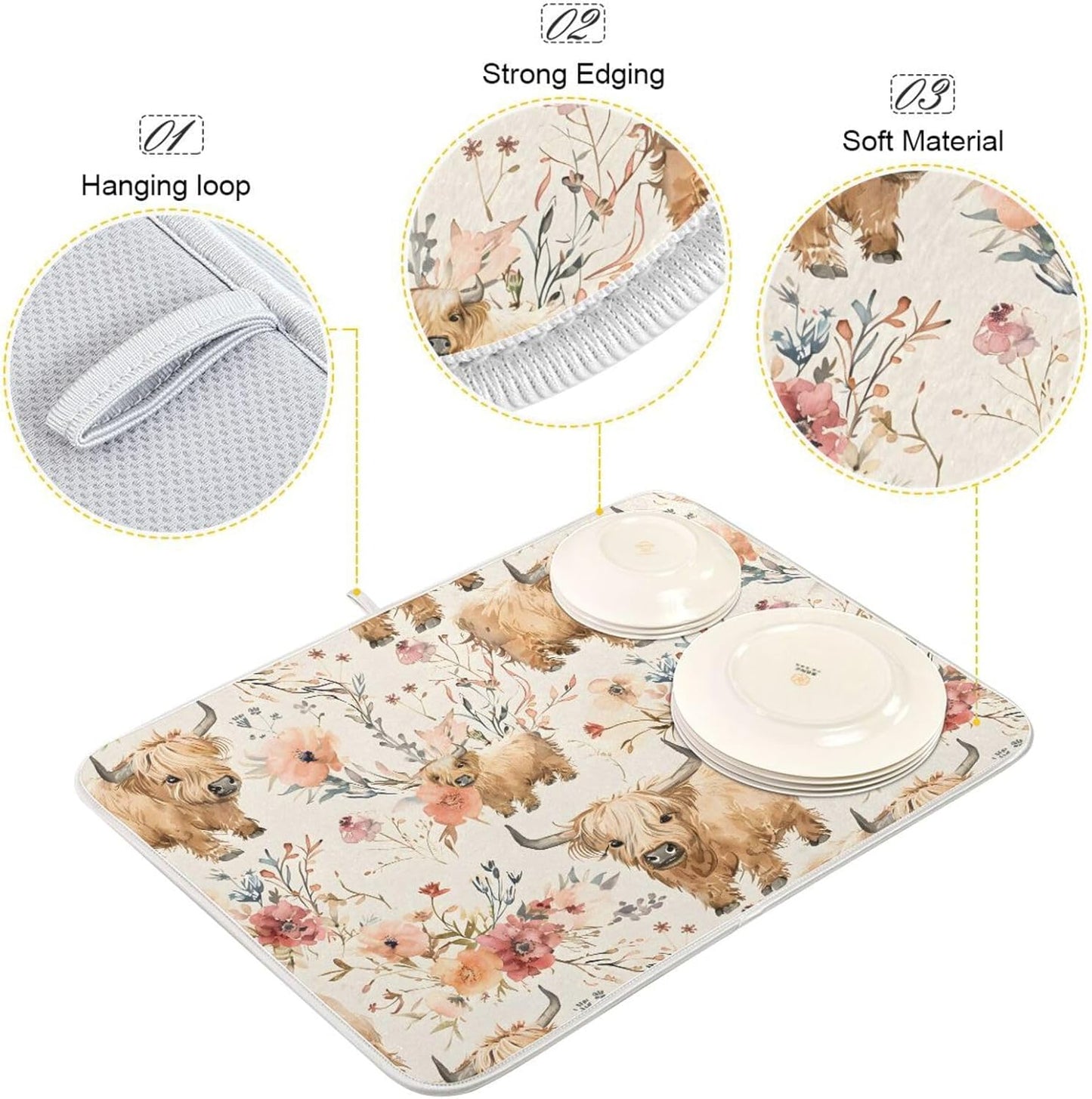 Cute Highland Cows Flowers Dish Drying Mat for Kitchen Counter Absorbent Microfiber Drying Pad, Large 18x24 in, Reversible Drainer Mats