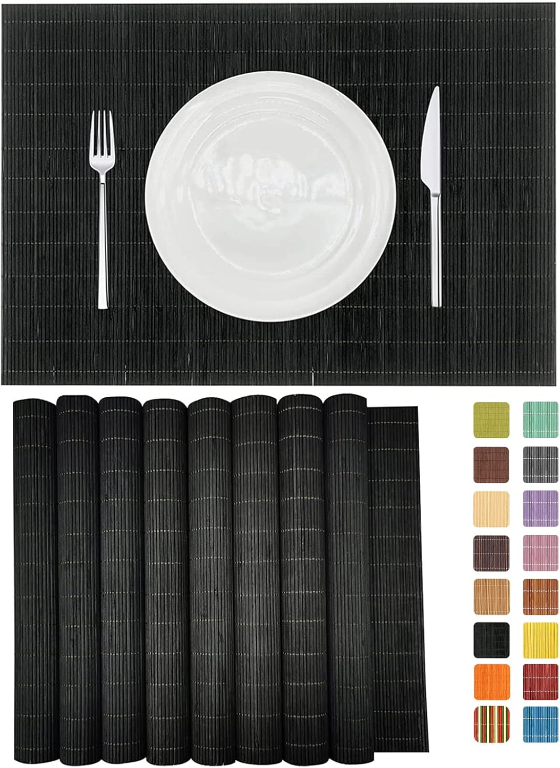 ANDSTAR Set of 8 Pcs Bamboo Placemats Sushi Rolling Mat Japanese Style Natural Anti-Slip Bamboo Placemats Washable Heat-Resistant Table Mats for Dining Room and Kitchen（Black）